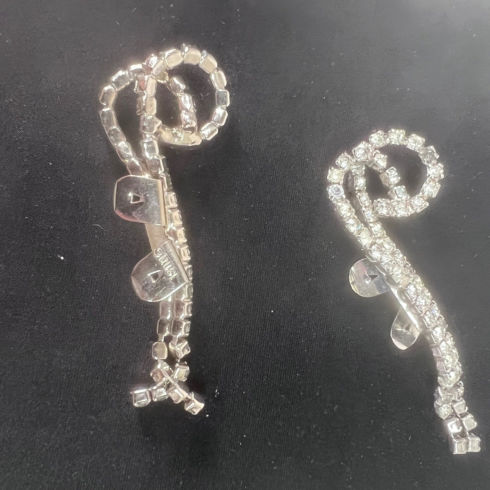Vintage MUSI Clear Rhinestone Scroll Shoe Clips Silver Tone Pair Mid Century
