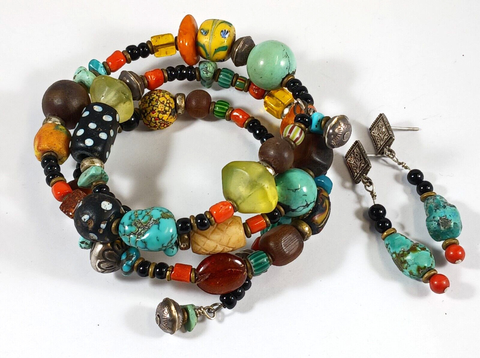 Southwest Bracelet Earrings Sterling Turquoise Amber Trade Beads Coral Vaseline