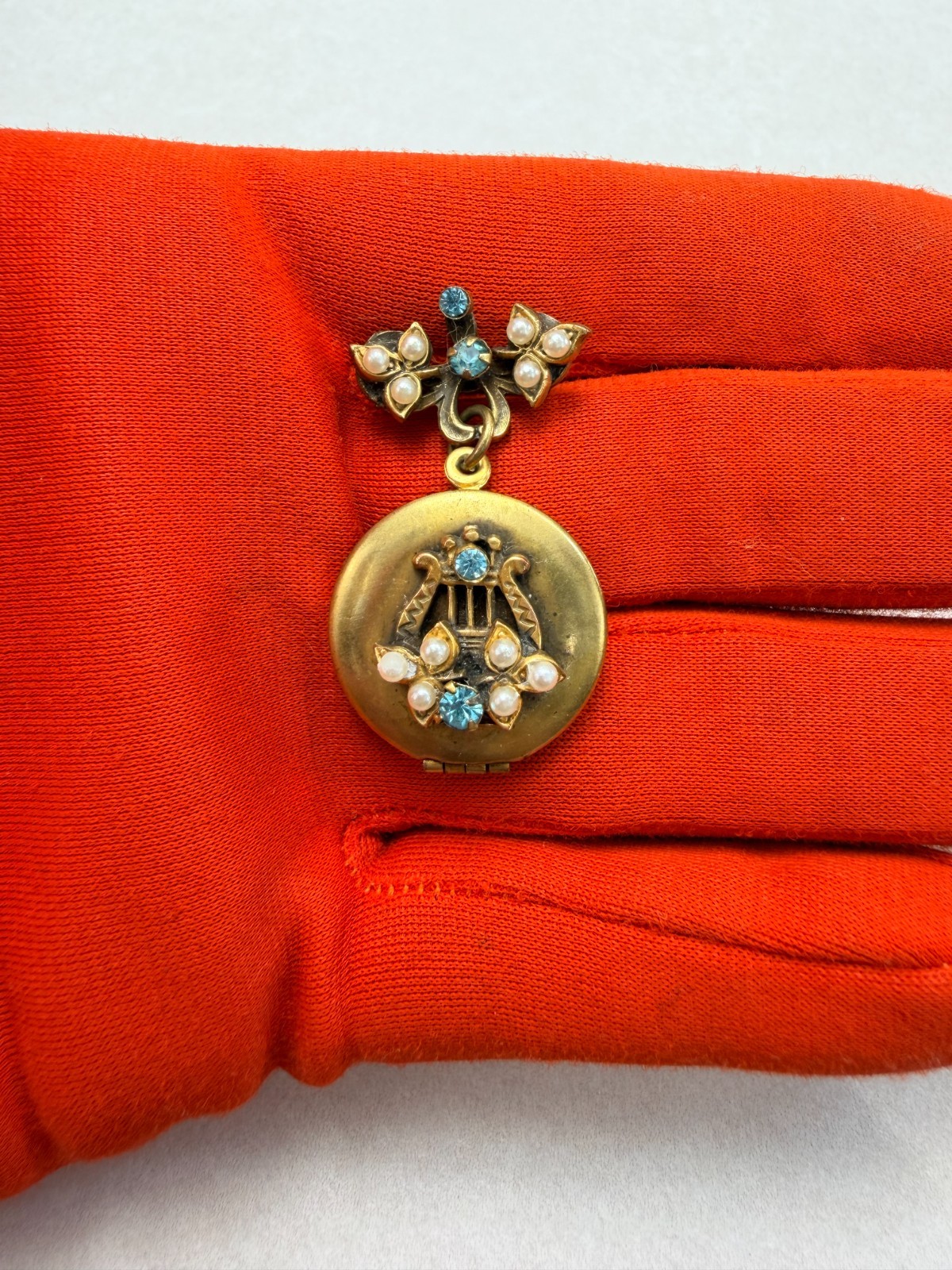 Vintage Gold Tone Locket Pendant Blue Rhinestone Faux Pearl Charm