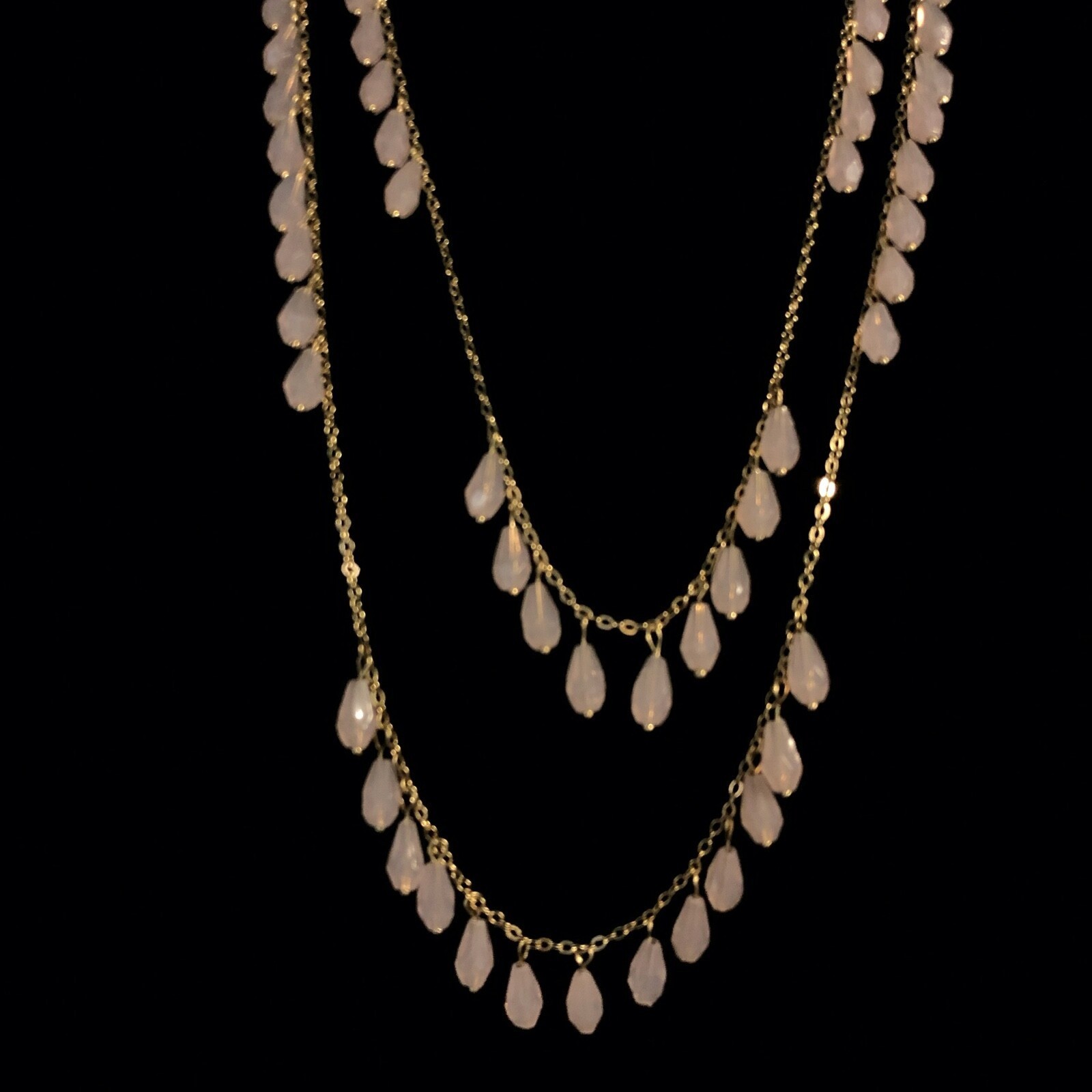 Avon Necklace Pink Long Faceted Teardrop Beaded Dangle 2 Strands