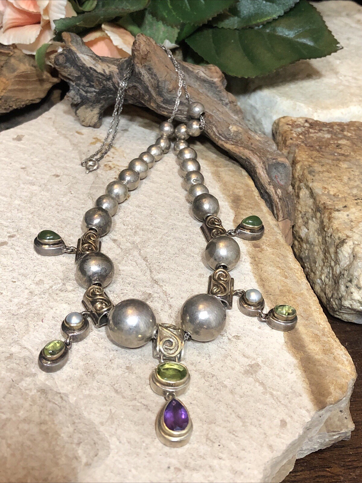 15. Vintage 925 Sterling Silver Ball charm Gemstone Beaded Sliding Necklace 17″