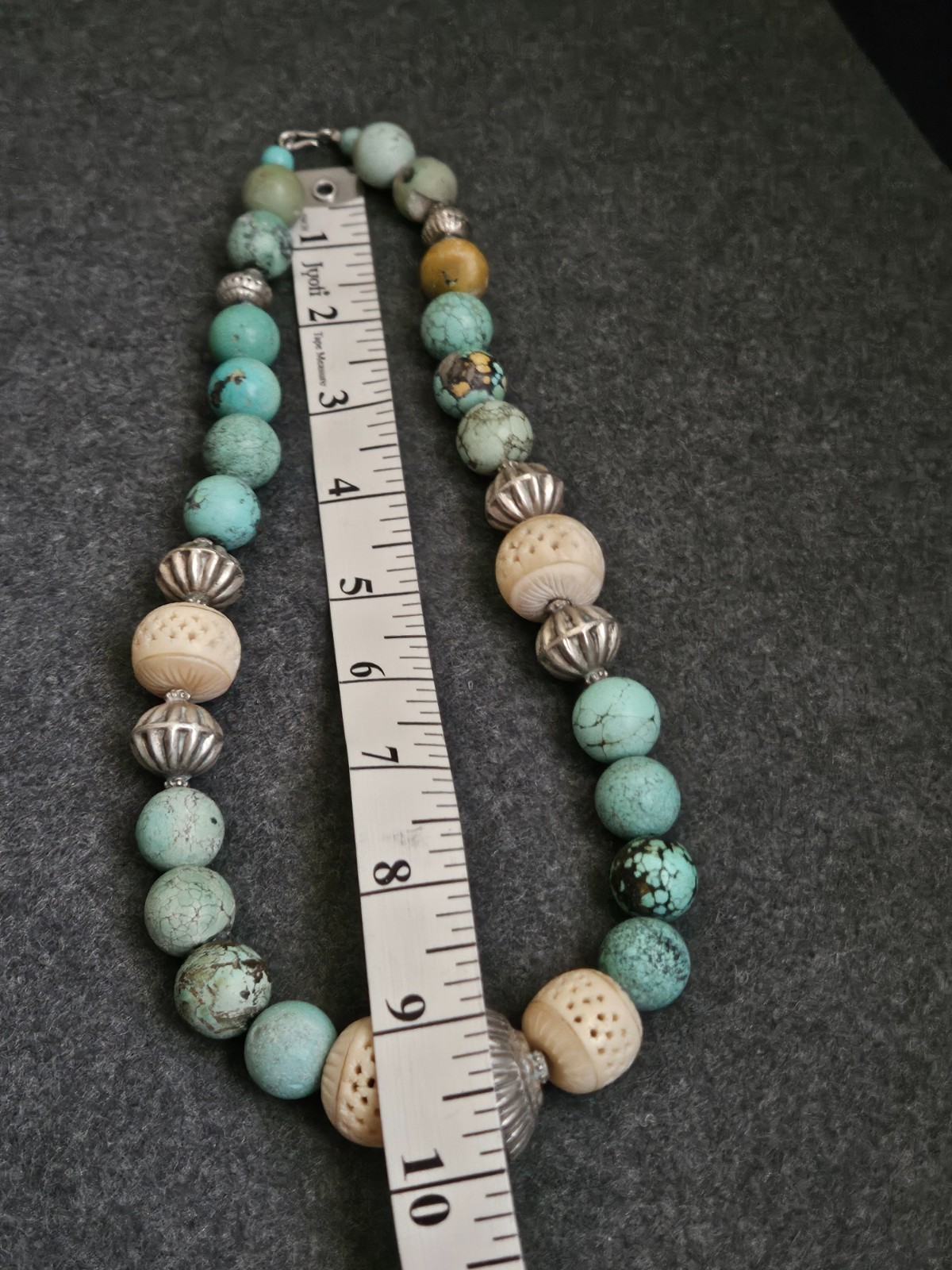 Vintage Tibetan Style Turquoise Necklace with Silver & Carved Bovine Bone Beads