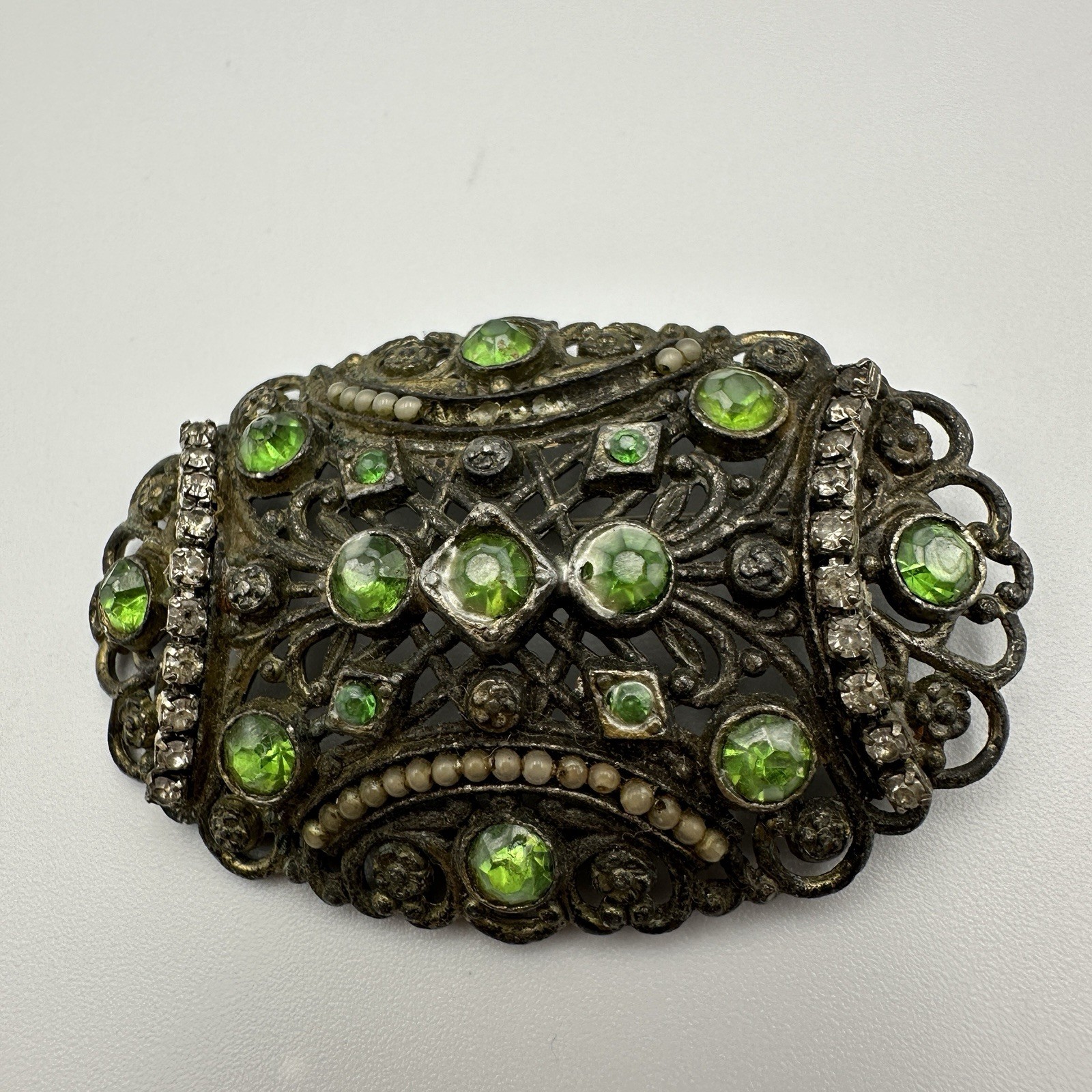 Vintage Little Nemo Brooch Pot Metal Rhinestone Victorian Revival Green READ