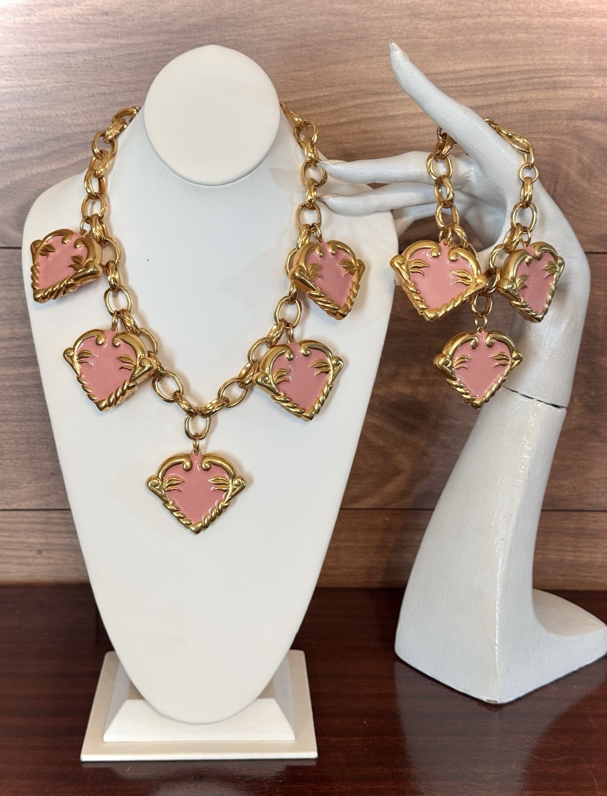 Amazzzzing Vintage Escada Chunky Pink Heart Necklace & Bracelet, Signed, 1987!