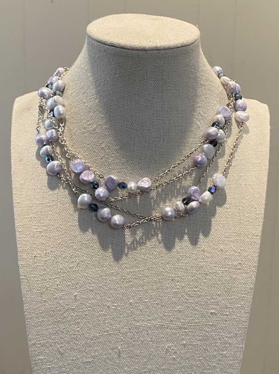 56” Lavender Pearl Silver Tone Chain Necklace With Blue Accent Beads