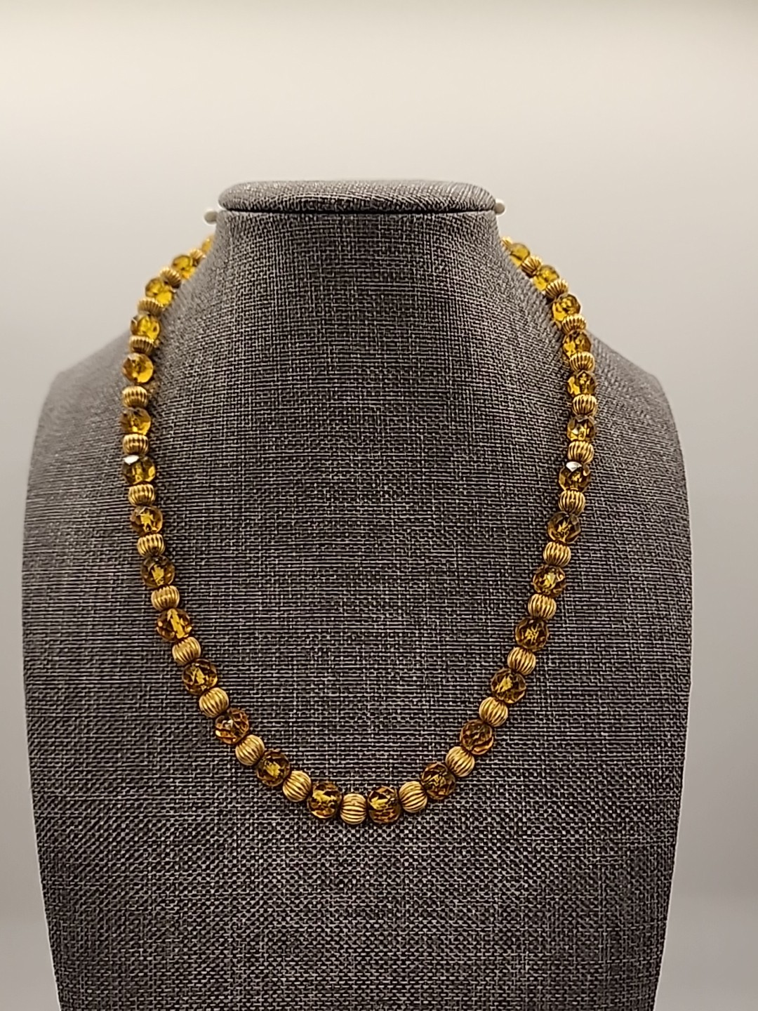 15″ Orange Art Deco Light Amber Faceted Glass and Metal Bead Choker Necklace
