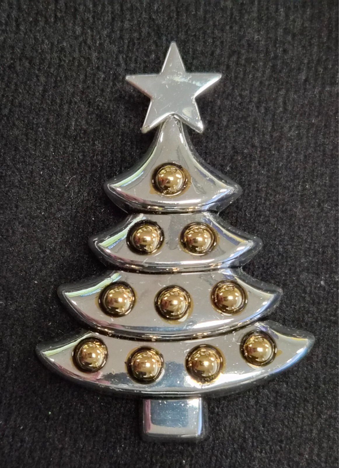 Vintage Signed BEST Silver Christmas Tree W/ Gold Ornaments Pendant Pin / Brooch