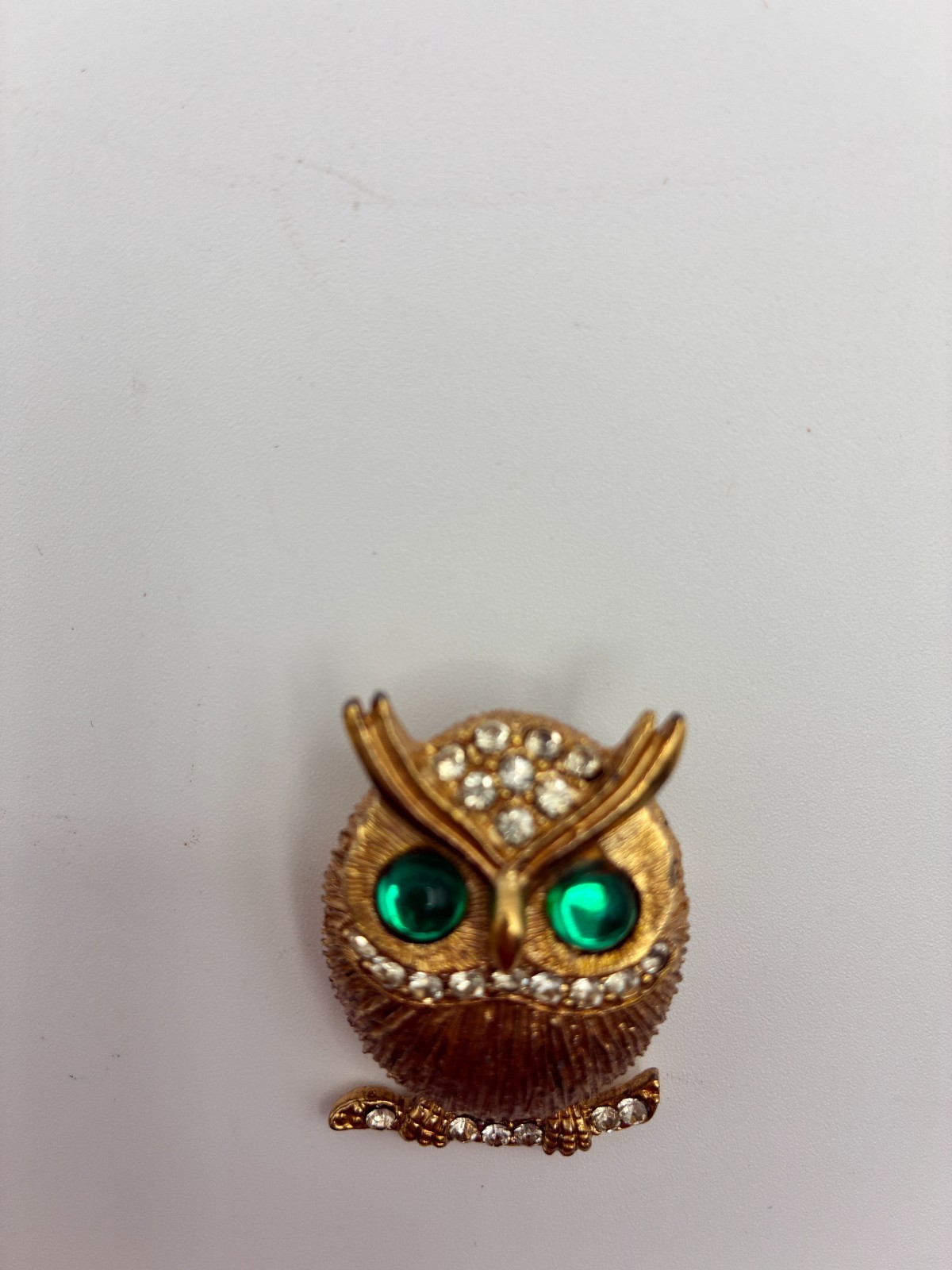 Vintage Gold Tone Owl Brooch Pin Rhinestone Green Eye Gems Mid Century