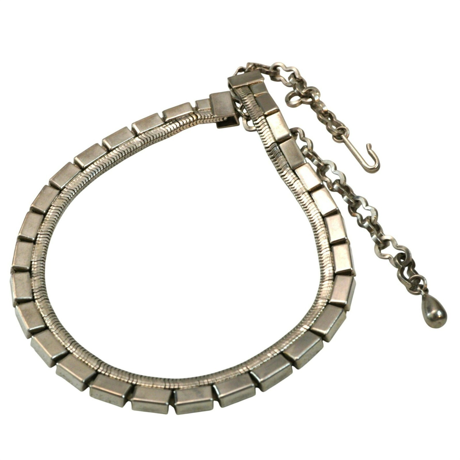 Vintage Modernist Silver-Tone Geometric Chain Link Choker Necklace Adjustable