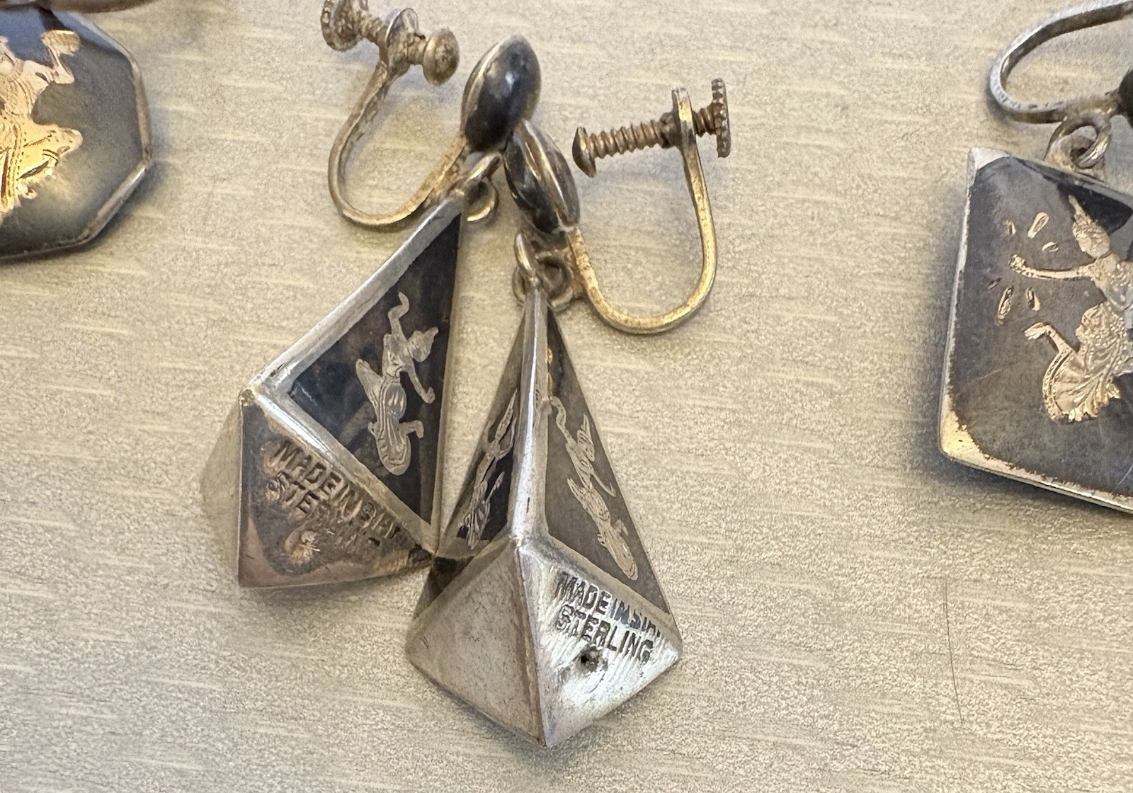 Vintage Siam Sterling Silver Niello Enamel Screw Back Earrings Dangle Drop LOT 3