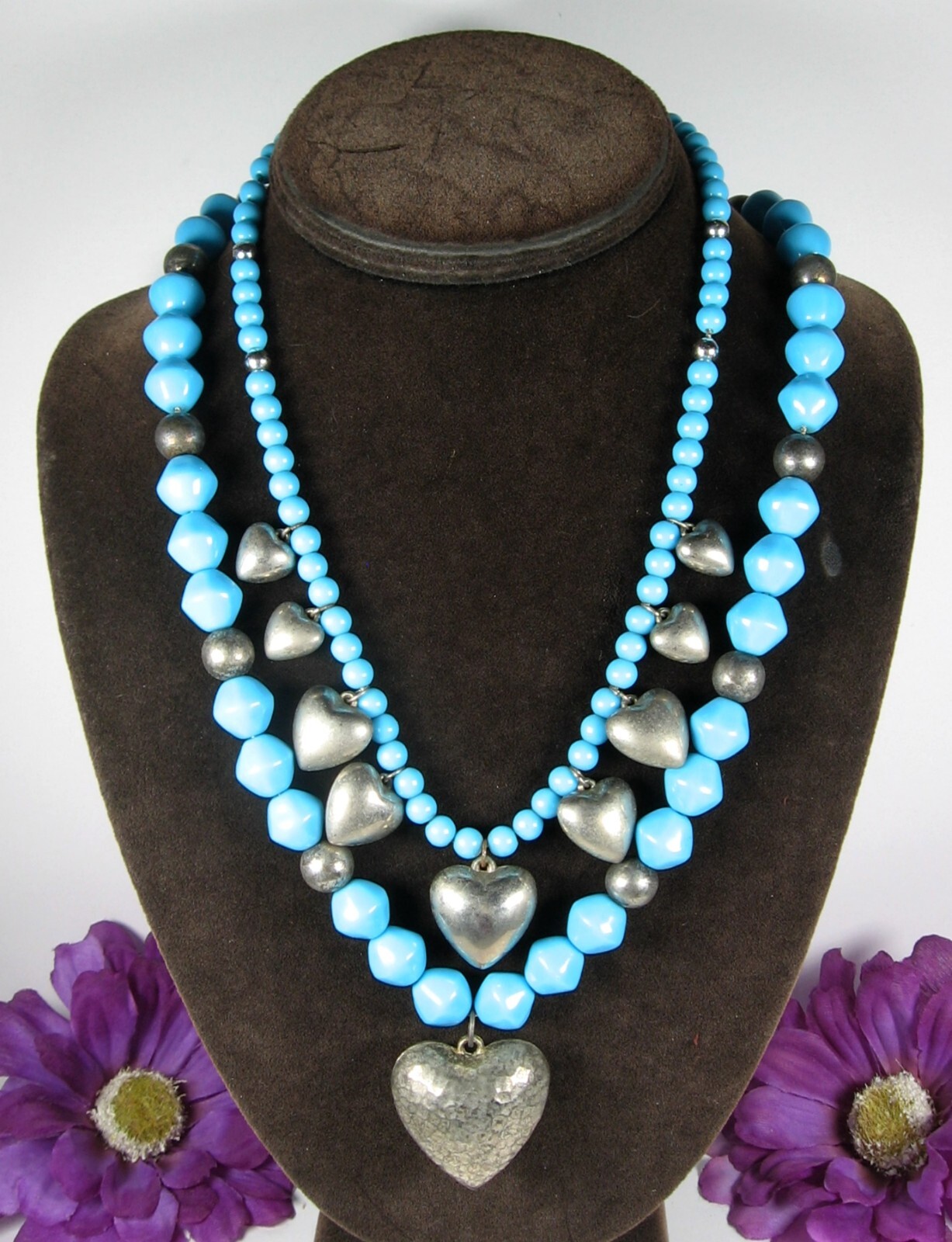 Vintage Pair NECKLACES 2 HEART Pendants Turquoise- BLUE BEADED Set Silvertone