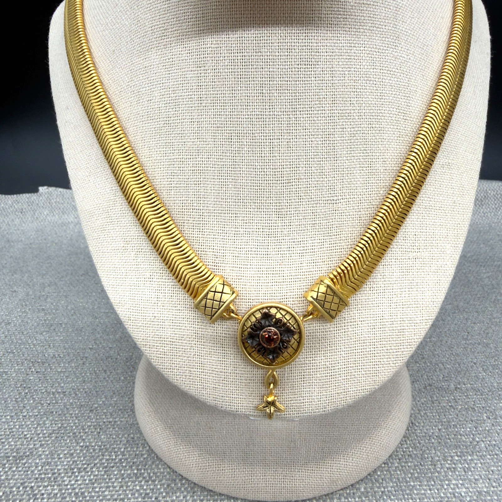 Vintage Necklace Omega Chain Gold Tone Pendant Orange Rhinestone Dangle