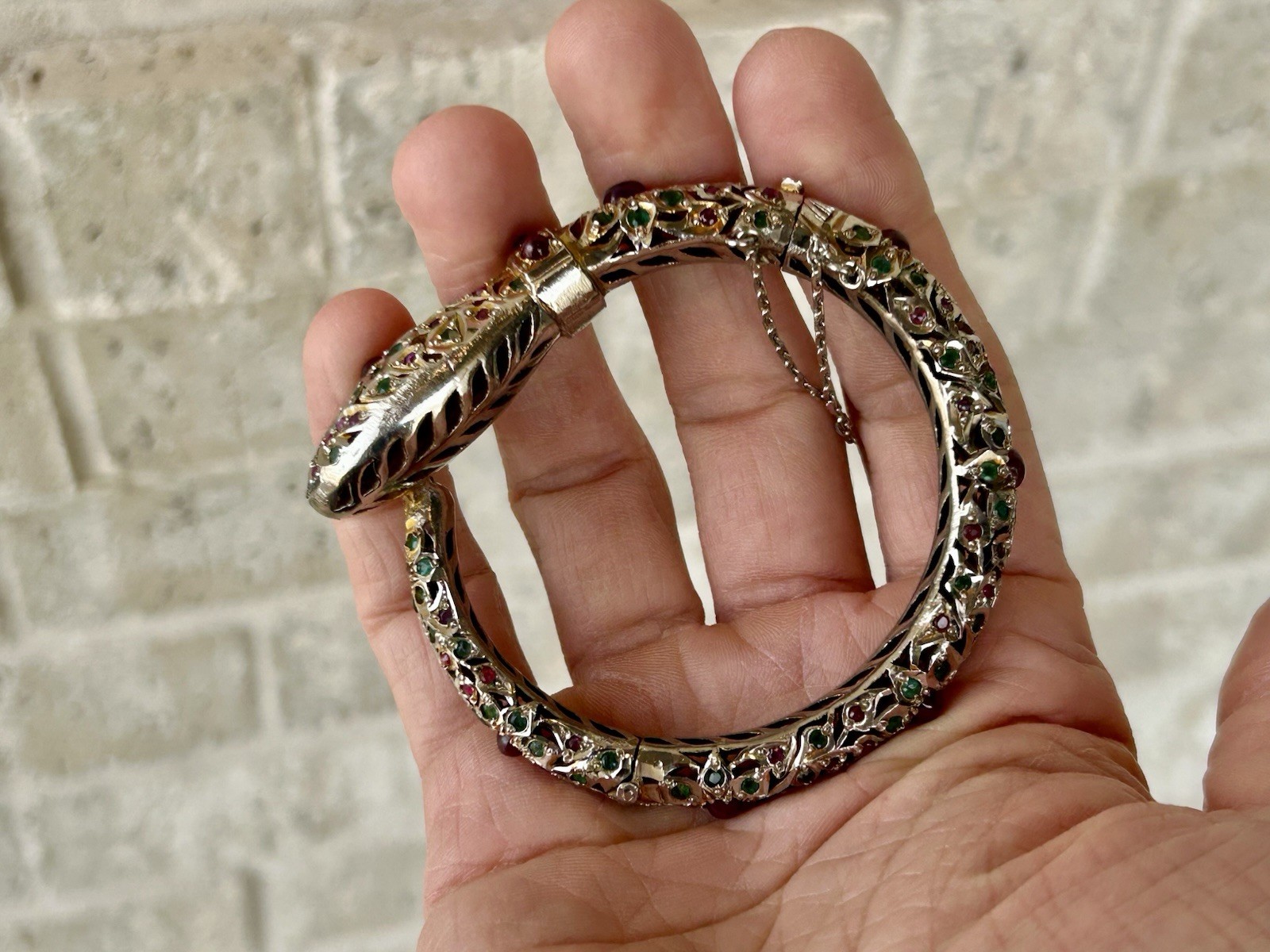 Antique Mughal Ruby Emerald Sterling Snake Bracelet Jewels Of India