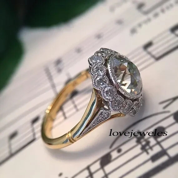 Round Cut 3CT Real Moissanite 14K 2-Tone Gold Over Vintage Art Deco Flower Ring
