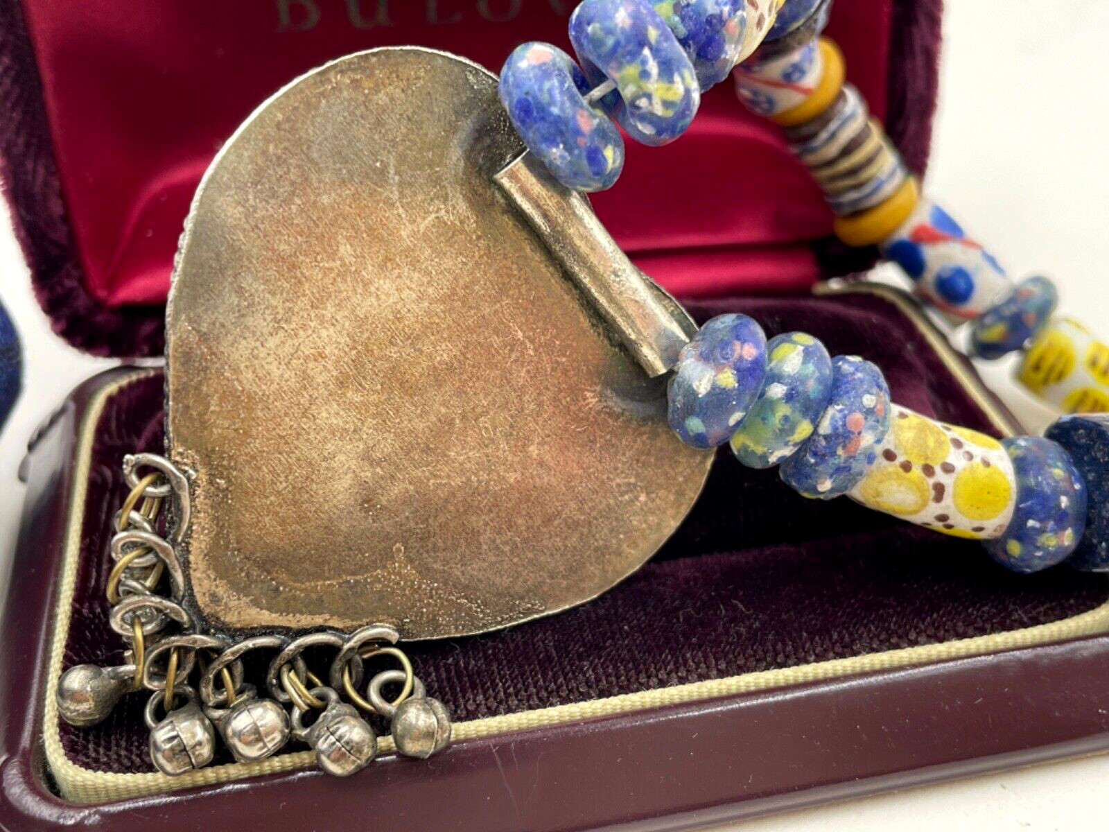 ETHNIC AFRICAN TRIBAL BERBER NECKLACE HAND-MADE KROBO GLASS BEADS BRONZE METAL R