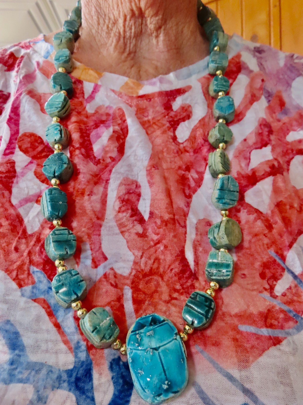 Authentic Teal Scarab Ceramic Beetle Ceramic Necklace
