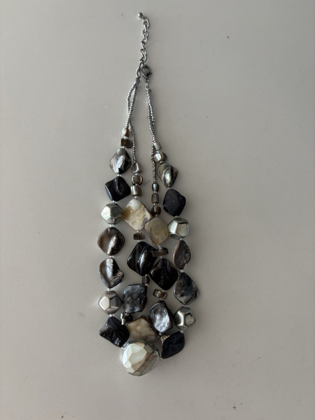 Vintage Artisan Layered Necklace Set Mother of Pearl Shell Gunmetal Beads
