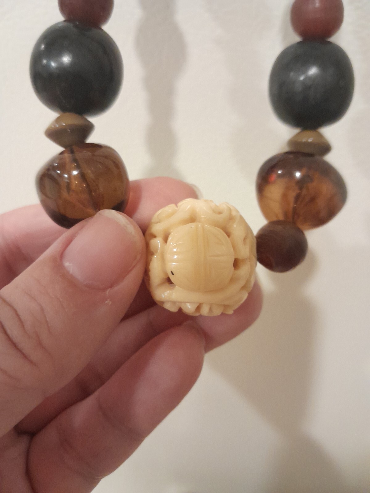 Vintage Teresa Goodall necklace signed ~multiple beads one carved bead Artisan