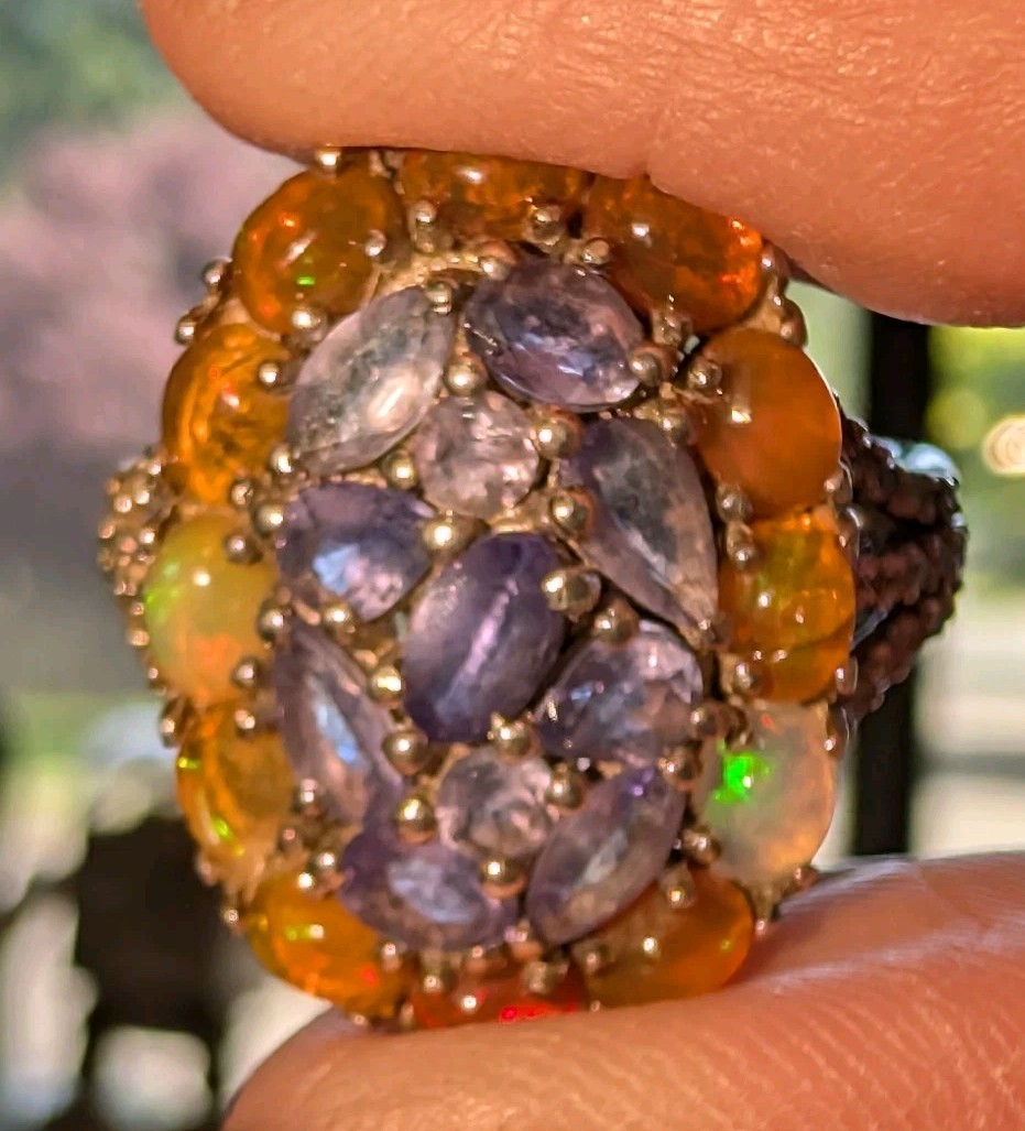 Sterling Silver Ethiopian Welo Opal & Iolite Cluster Ring With White Zircons