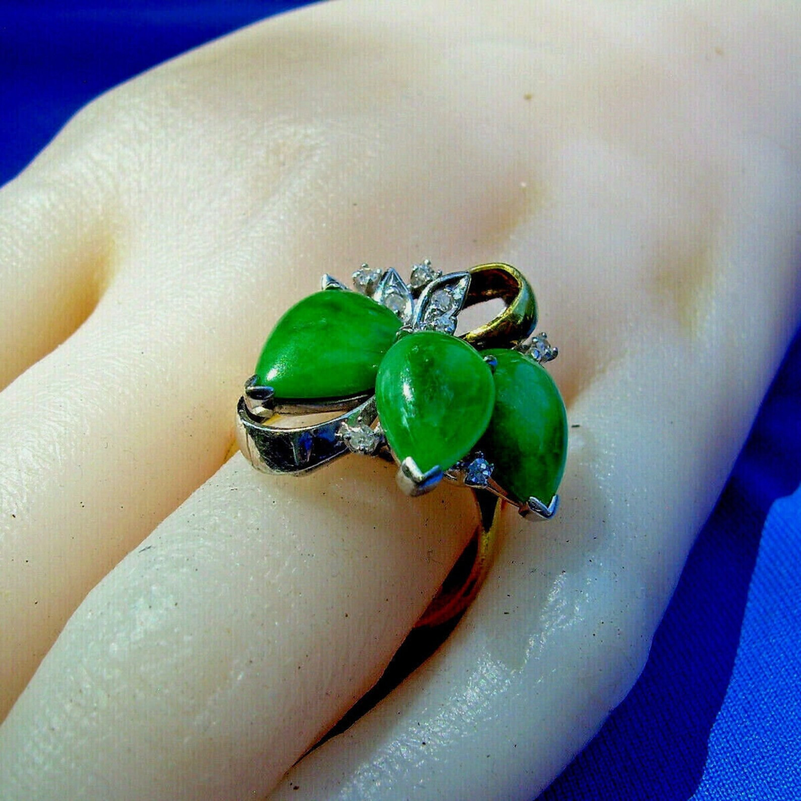 EARTH MINED Jadeite JADE Antique DIAMOND Ring Art Deco SOLID 14K GOLD Statement