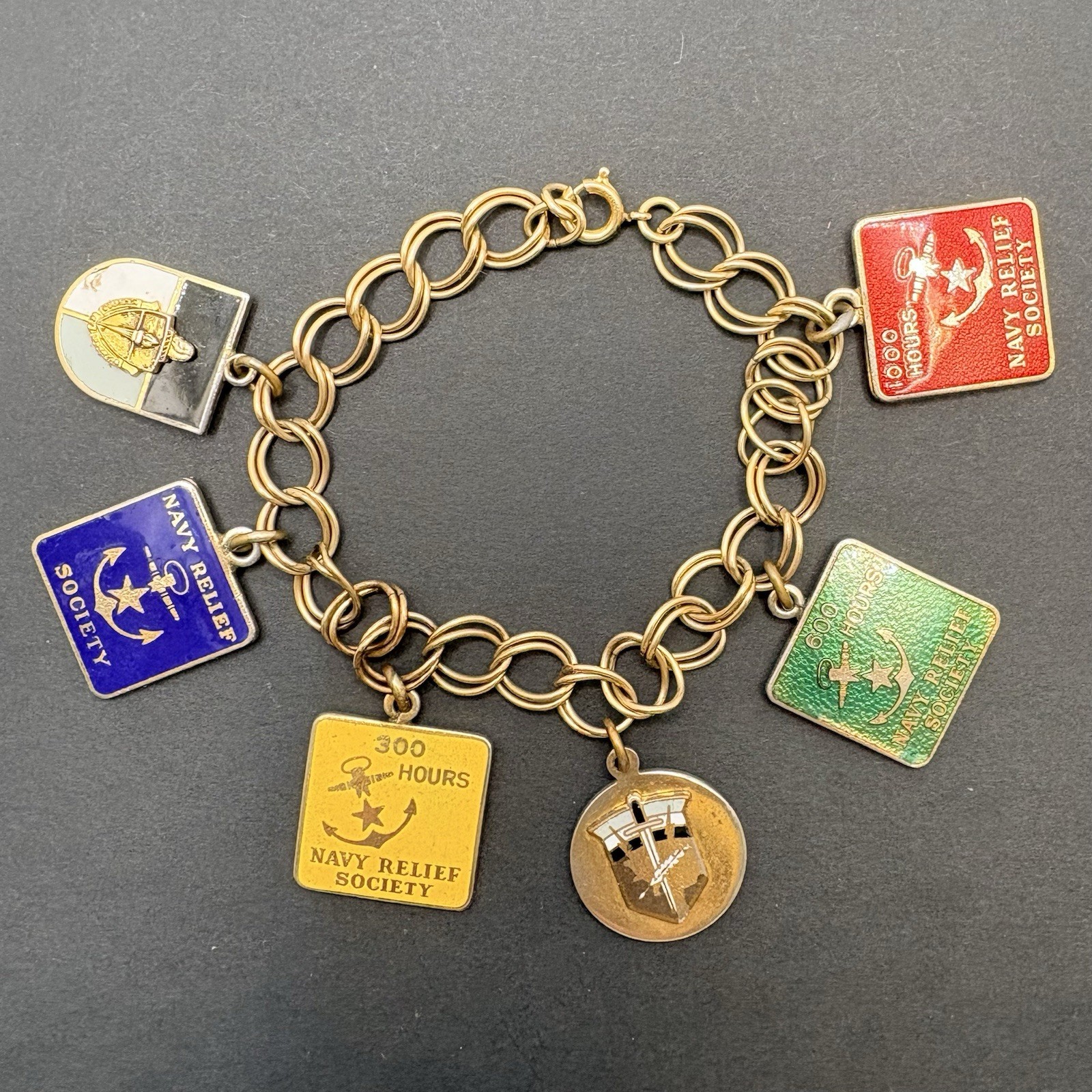 Vintage US NAVY Relief Society Charm Bracelet Gold Tone Military Engraved
