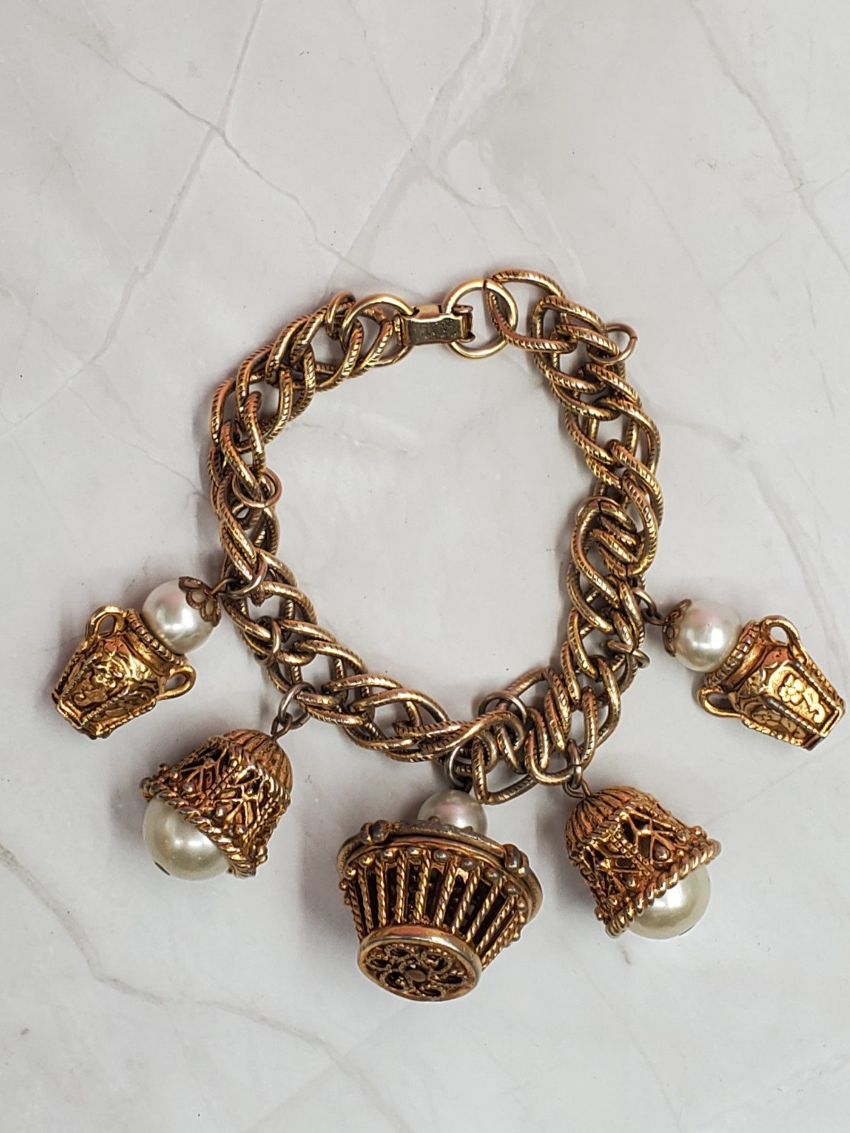 Vintage Victorian Revival Basket Charm Bracelet Faux Pearl Gold Tone 1950s