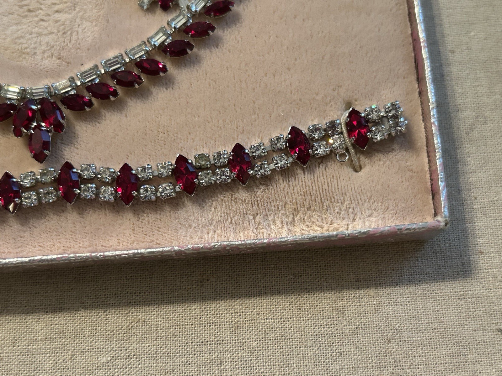 Vintage B David 3pc Red & Clear Rhinestone Necklace Bracelet Clip Earrings