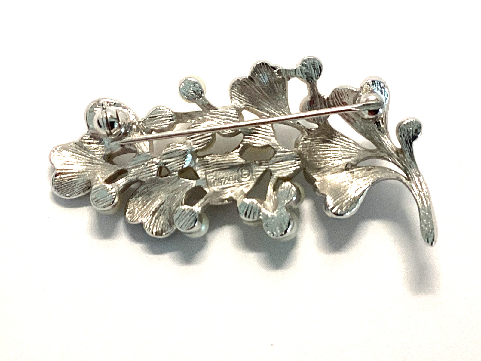 Crown Trifari Faux Pearl Silvertone Leaf Brooch-MCM Signed