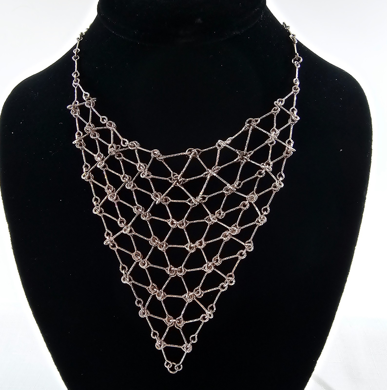 Vintage Silver Tone Waterfall Necklace Mesh Chainmail Bib and Ornate with Knots