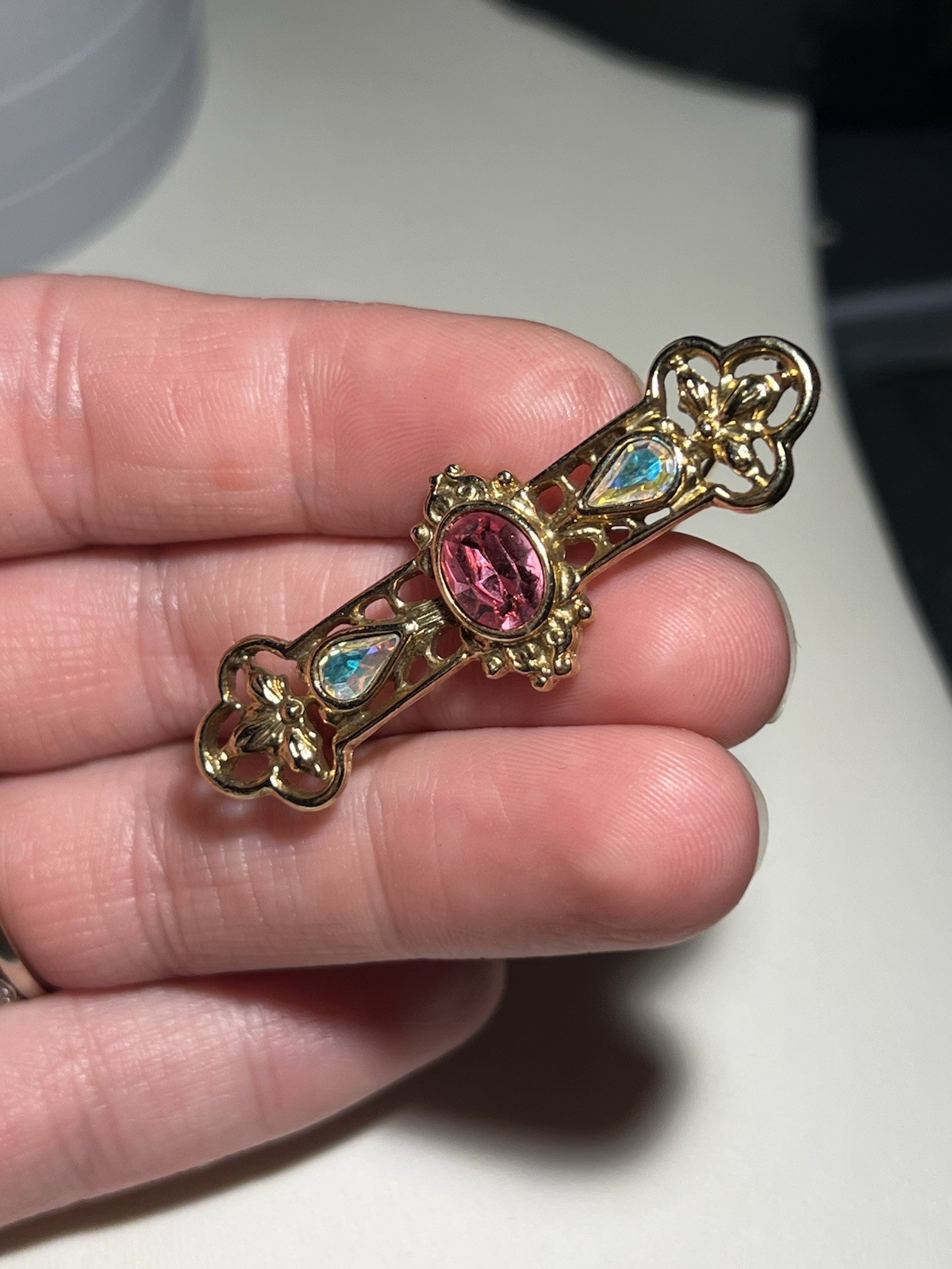 Vintage Victorian Style Gold Tone Pink & Iridescent Rhinestone Bar Brooch Pin