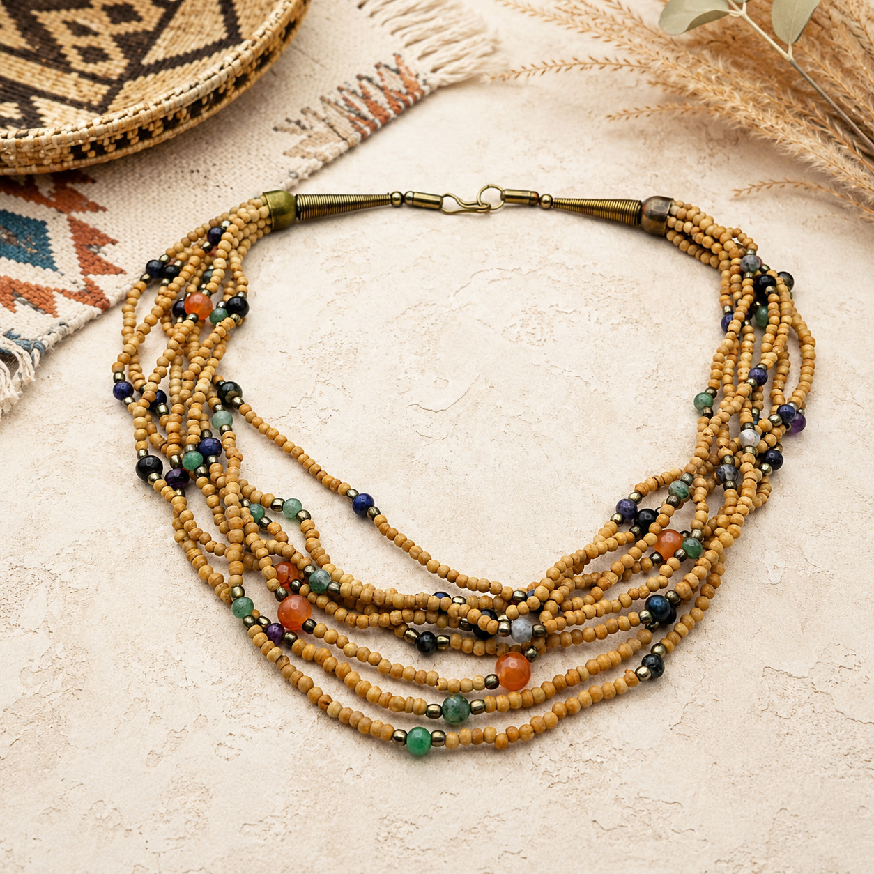 Vintage Multi Strand Agate Bead Tribal Boho Necklace Tan Seed Beads 20 In