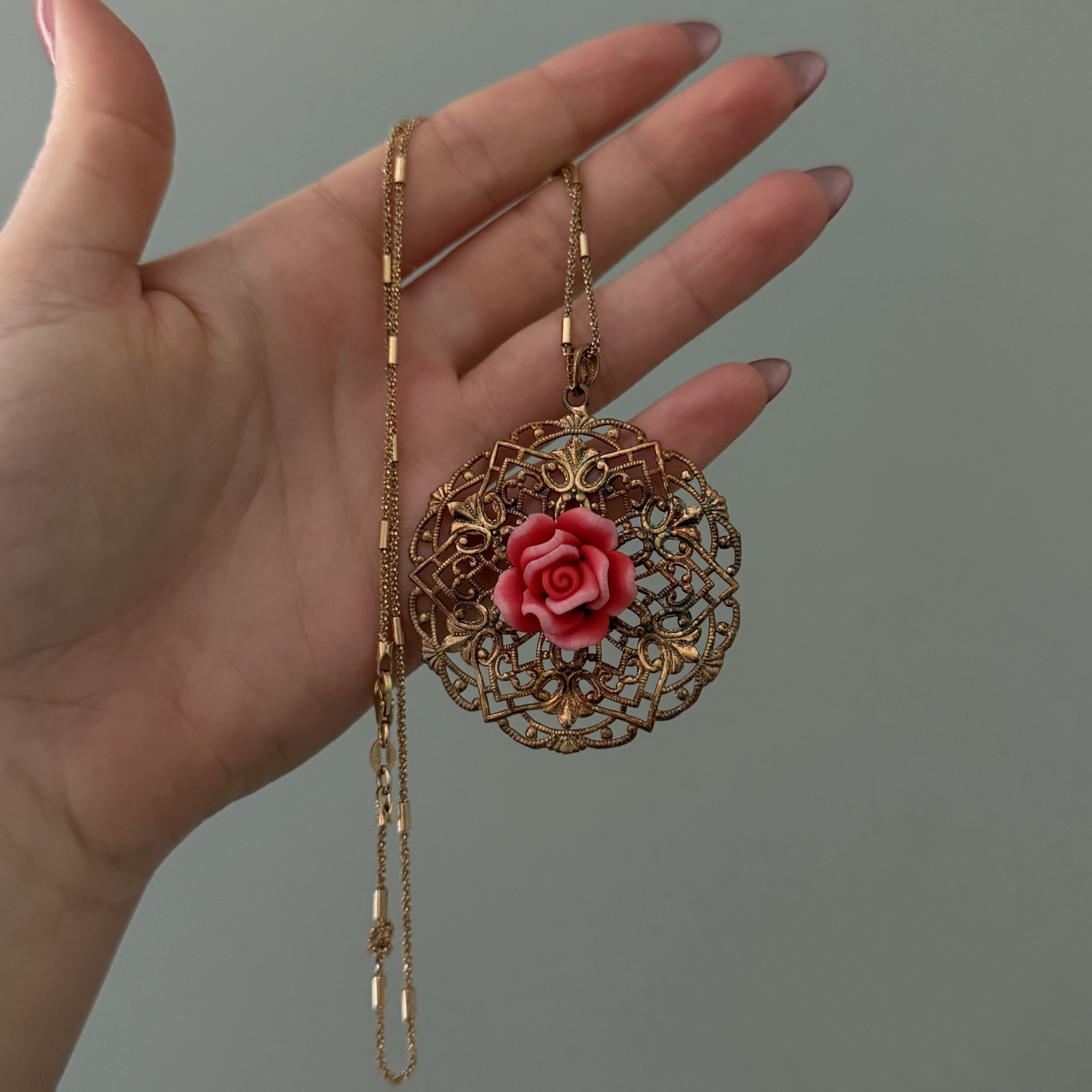 Vintage 925 Italy Sterling Silver Gold Vermeil Pink Rose Filigree Necklace
