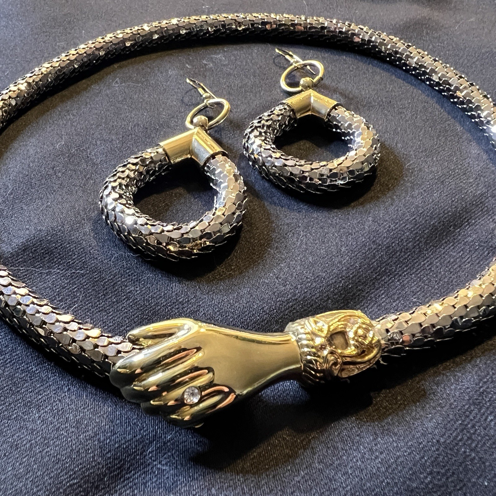 True Vintage DL Auld Silver Mesh Snake Choker Collar Necklace Earrings Set NOS