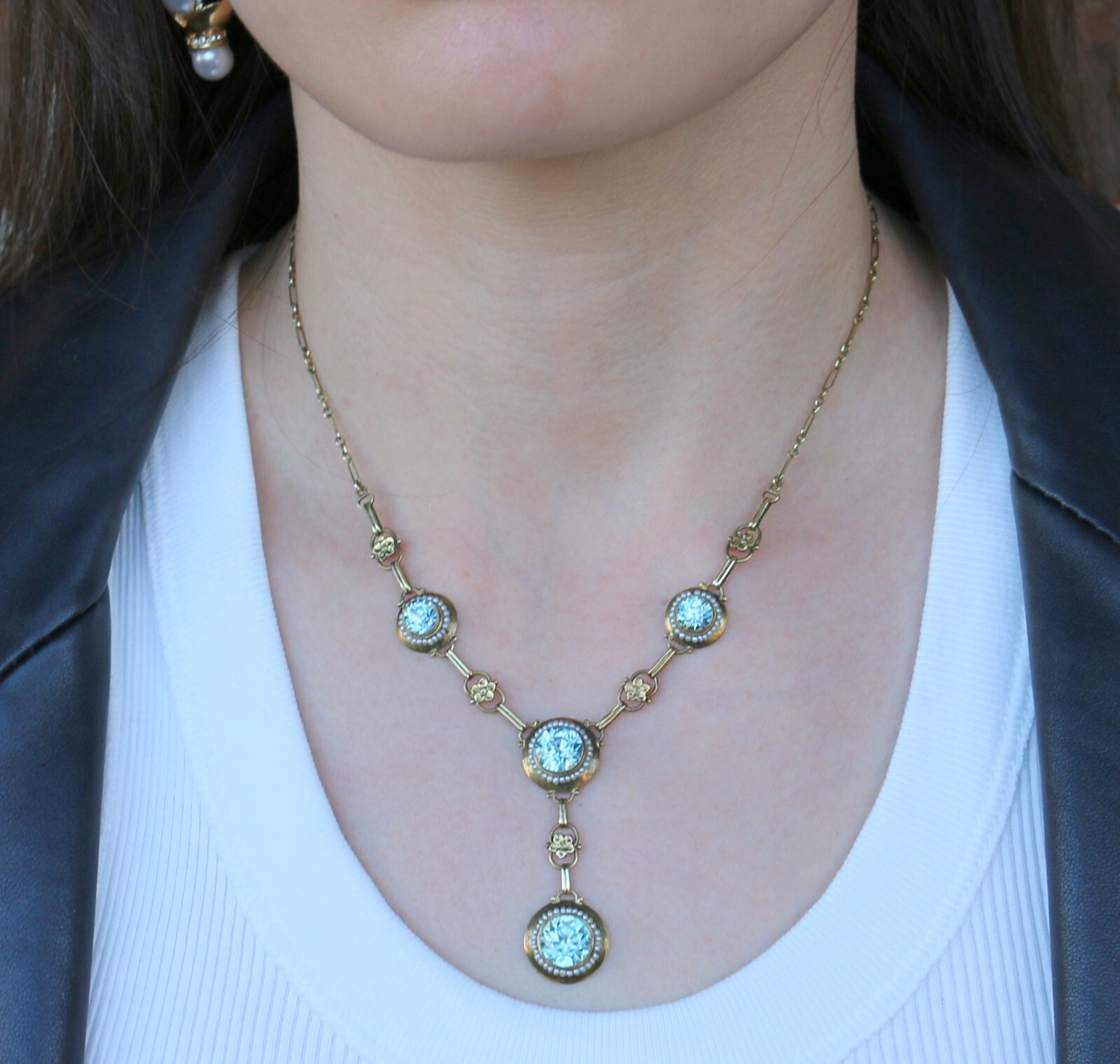 Antique Edwardian 14K Gold Round Vivid Blue Zircons with Seed Pearls Necklace