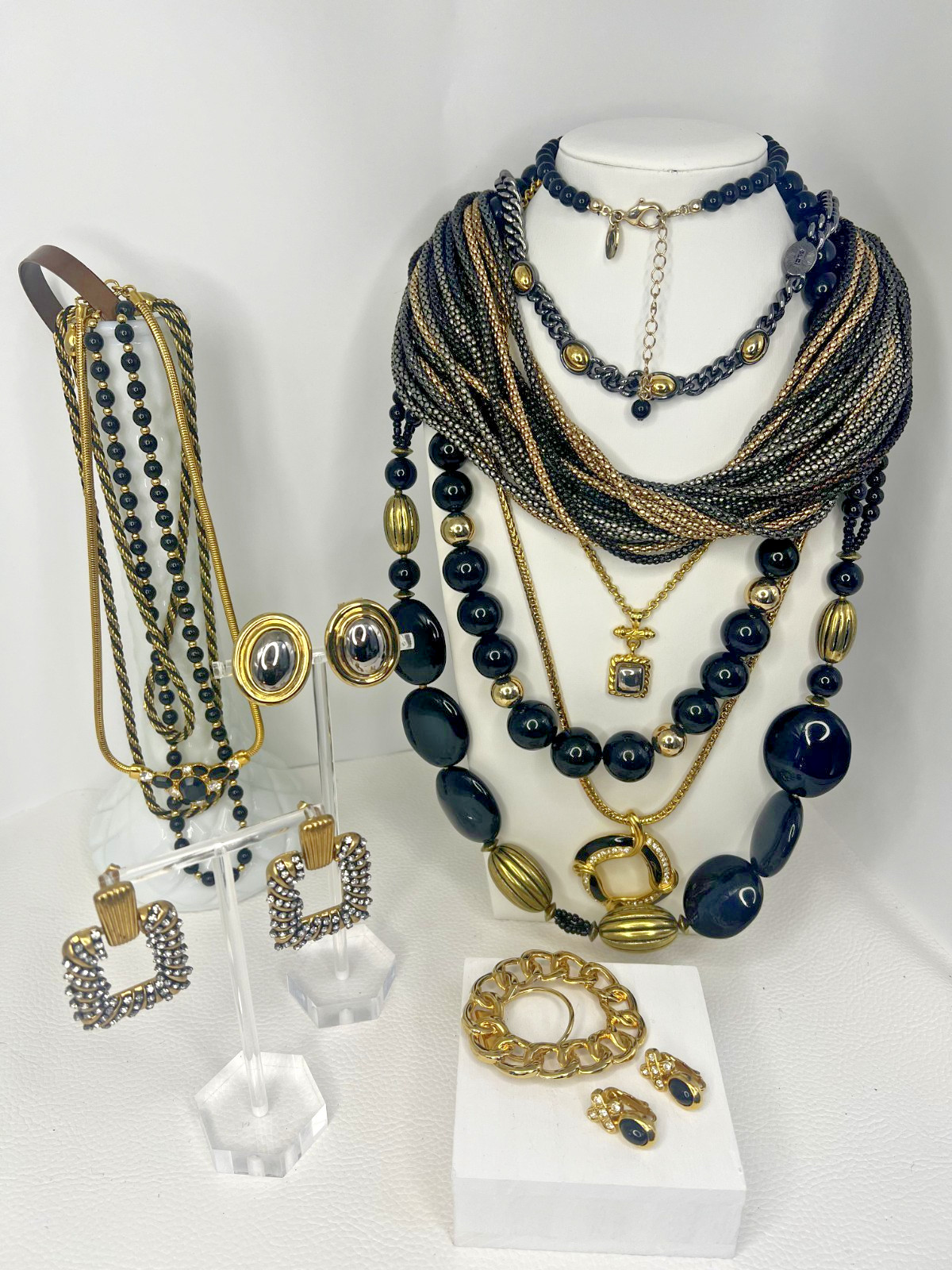 Jewelry Lot 1980s Black and Yellow Gold Tone incl Monet, Trifari, and more