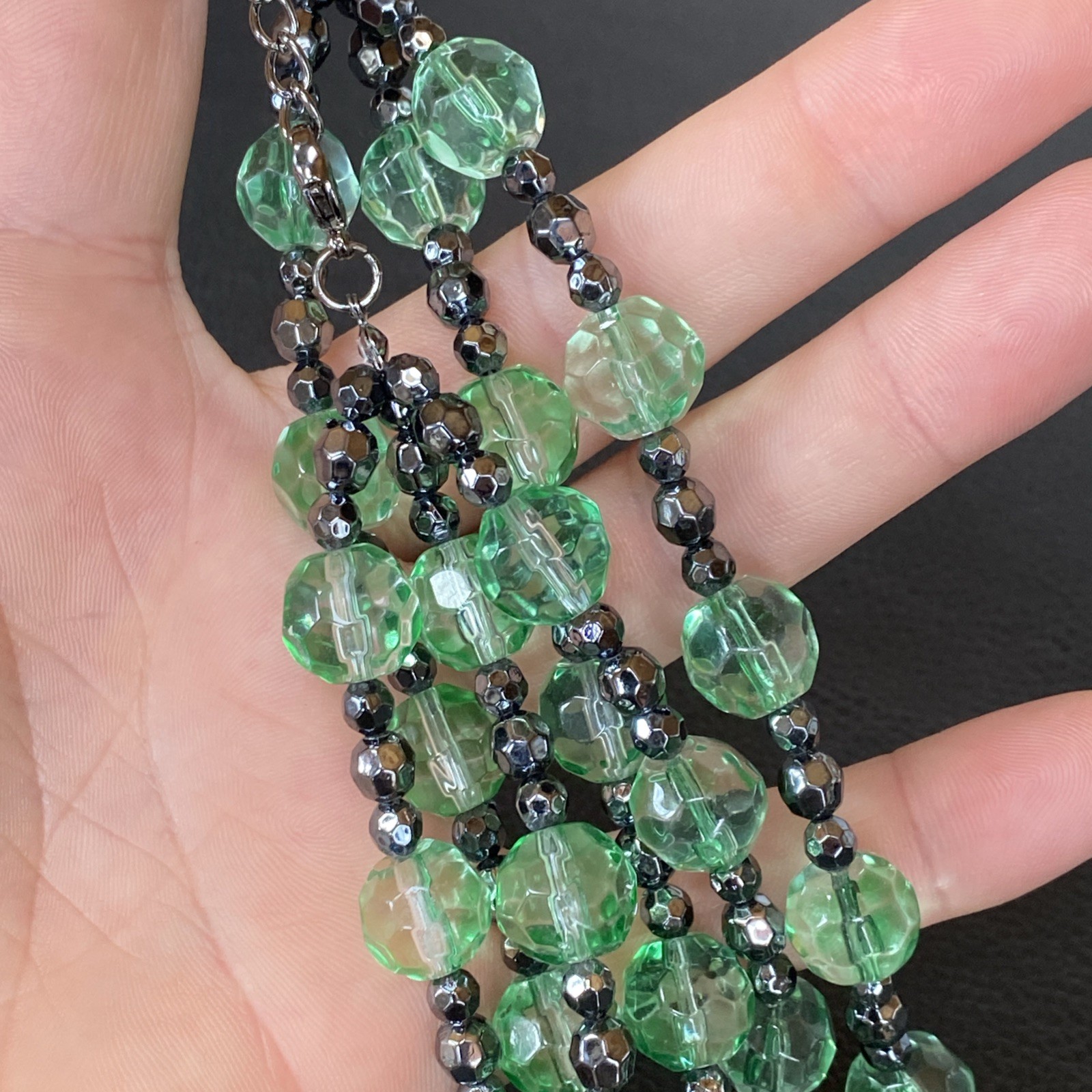 Vintage Green Glass Faceted 3 Strand Necklace w/ Matching Pair Drop Earrings Set