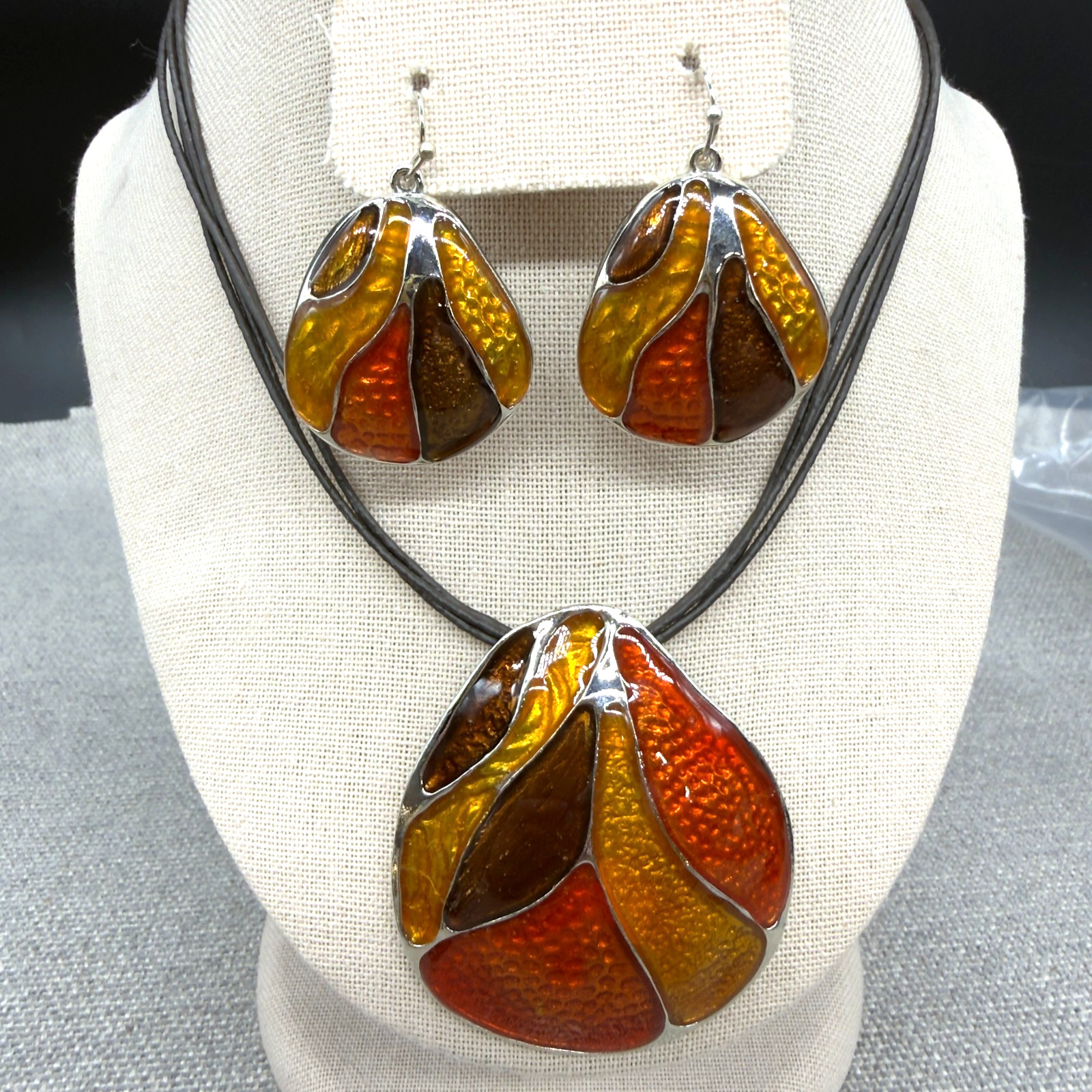 Vintage Chicos Necklace Earrings Jewelry Set Orange Brown Enamel Silver Tone