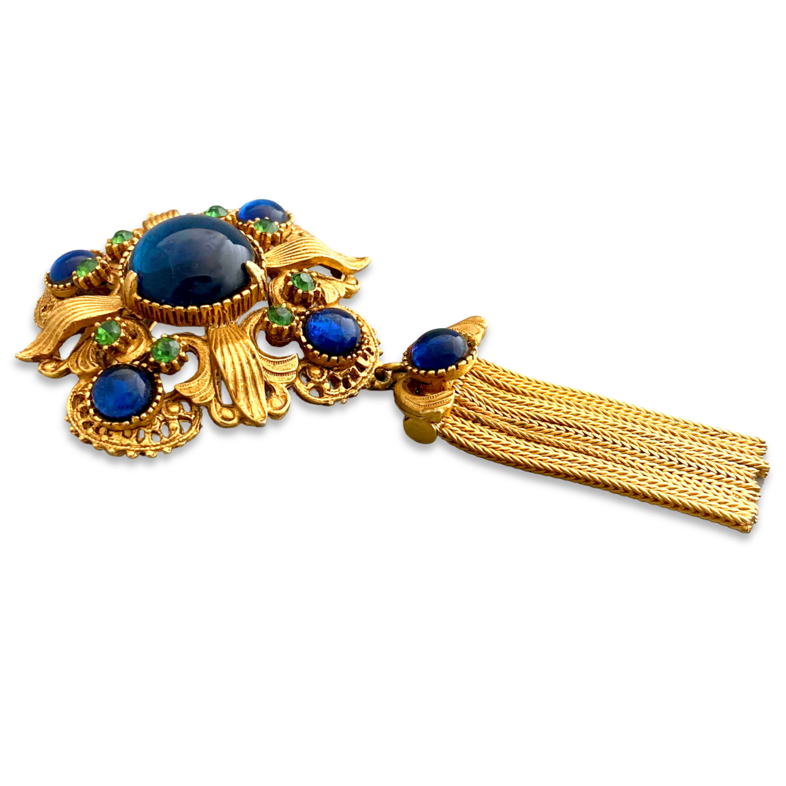 Vintage 1960s Signed FLORENZA Maltese Cross Blue Glass Rhinestone Fringe Brooch