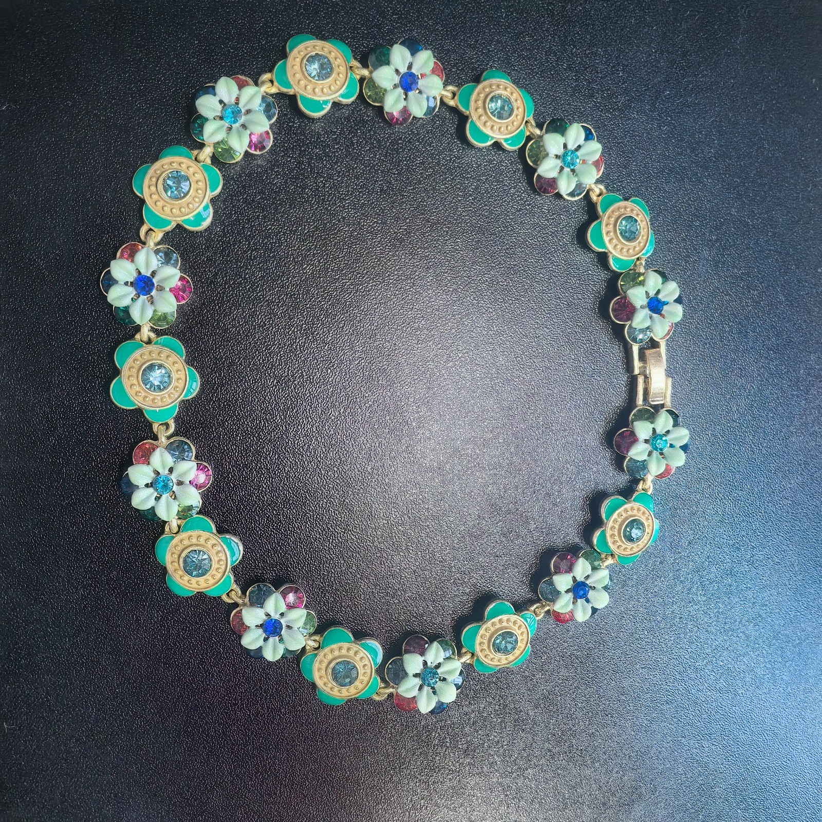 Vintage European Floral Link Necklace Rhinestone Gold Victorian Jewelry Gift