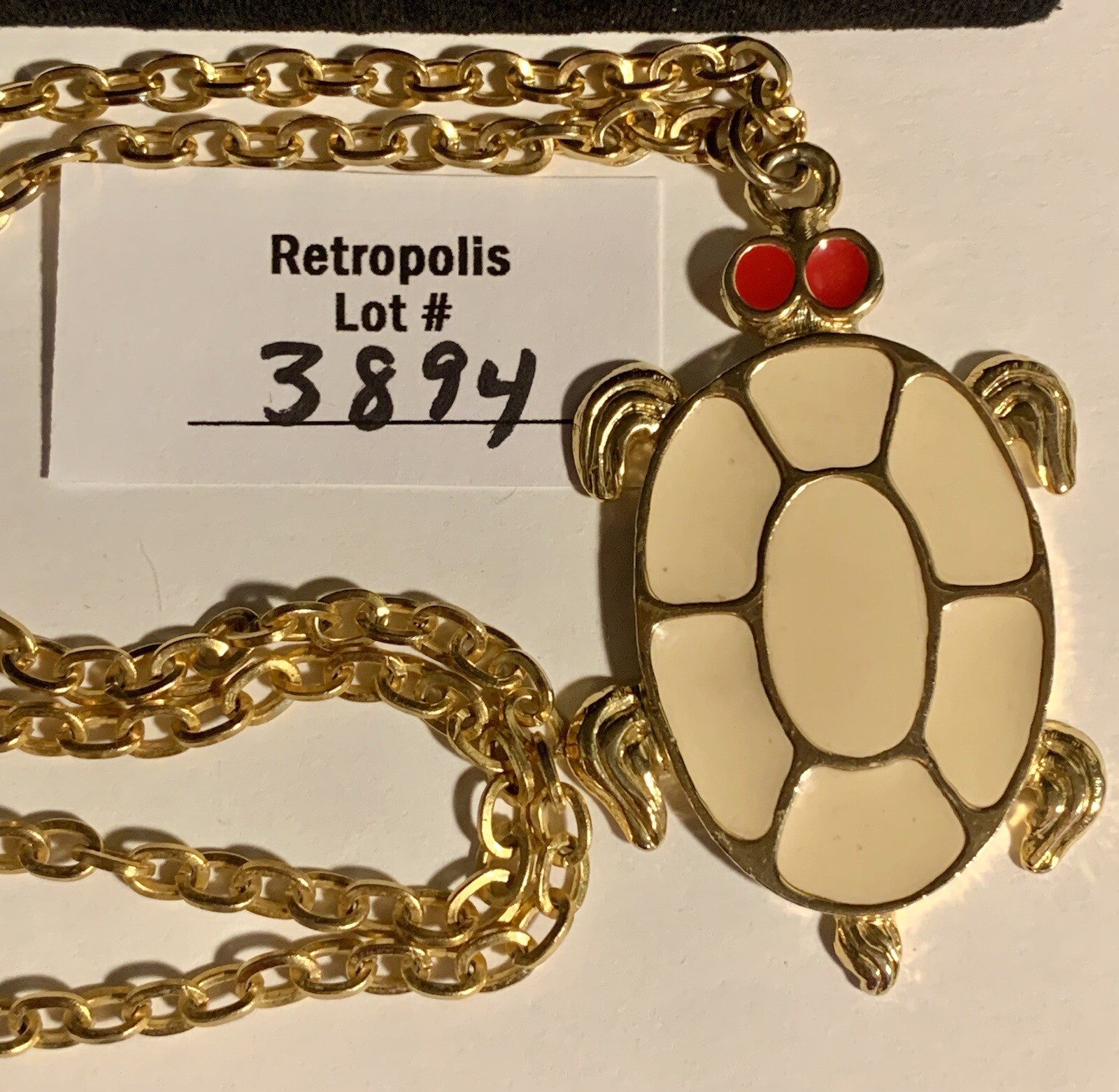Enamel Turtle Necklace Gold Tone White & Red Vintage