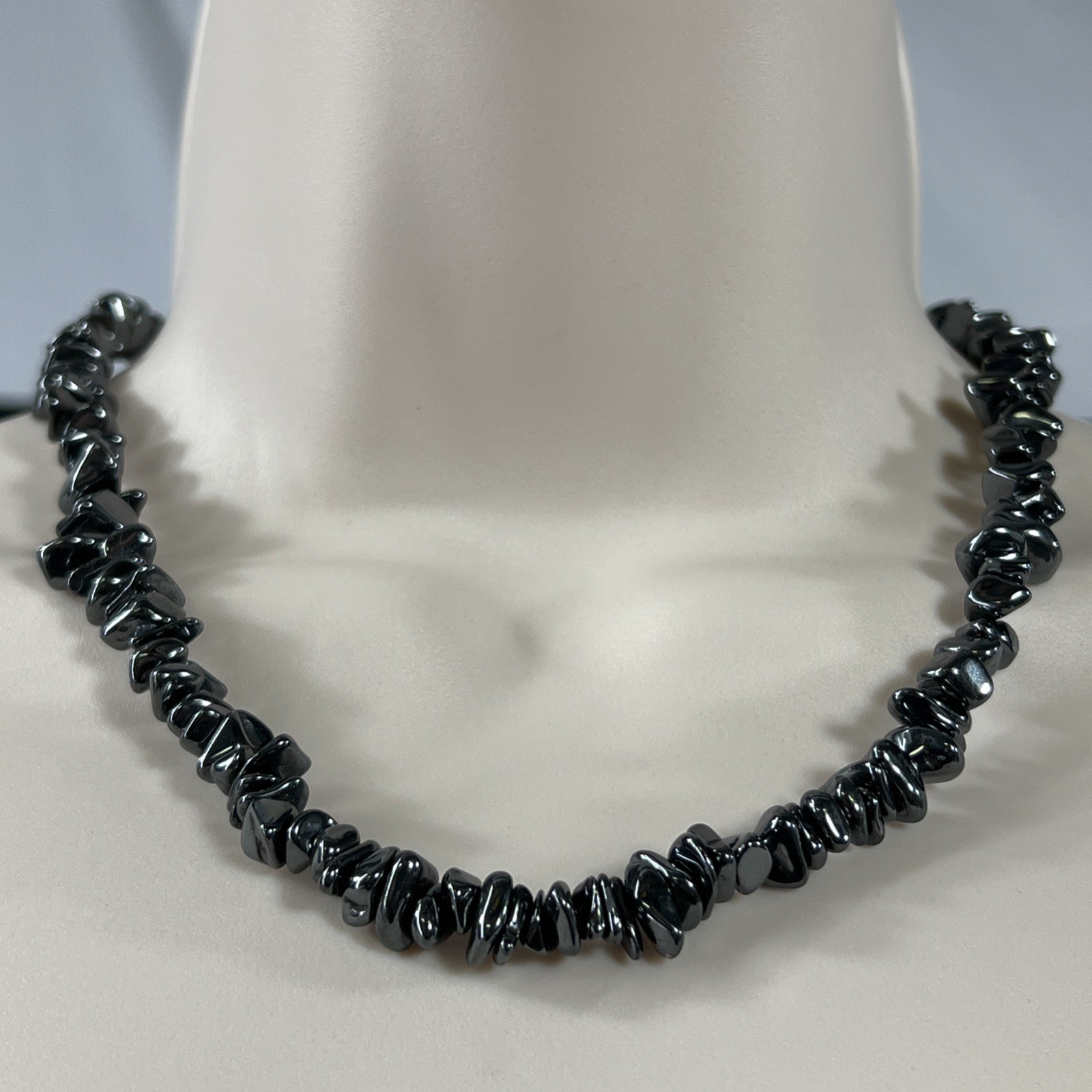 Tumbled Hematite Beaded Necklace Vintage Natural Chip 17″