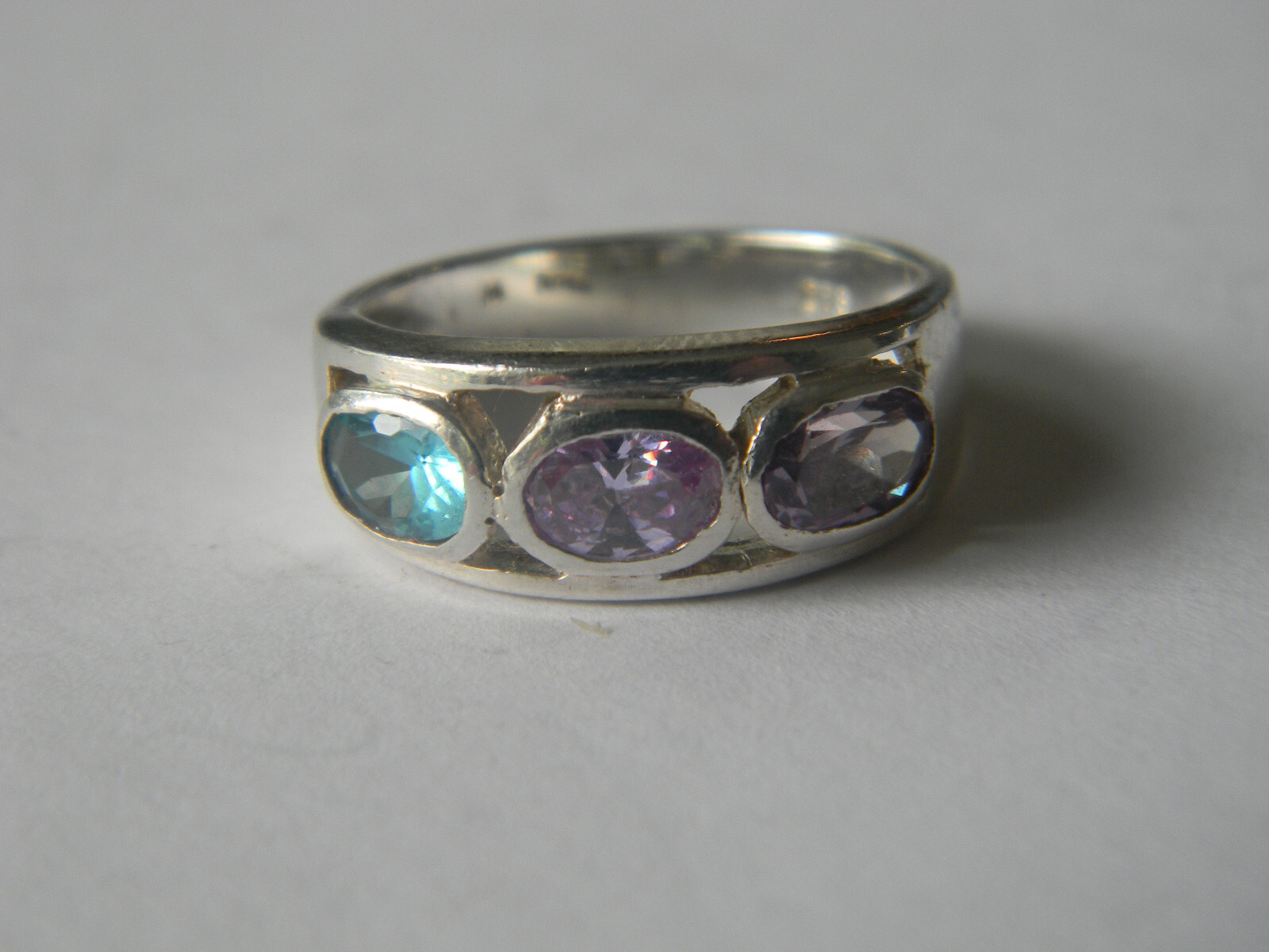 Amethyst/Pink Sapphire/Swiss Blue Topaz .925 Sterling Silver Statement Ring Sz 7