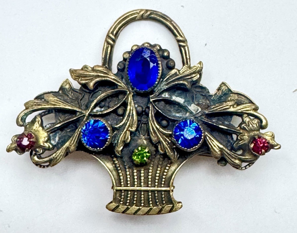 Vintage Unsigned Gold Tone Flower Basket Brooch Blue Green Red Rhinestone Pin