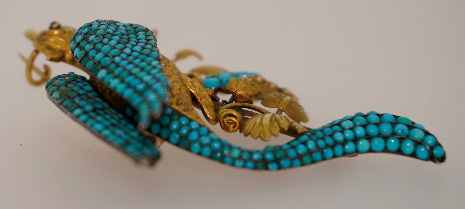 Antique 18K Pave Turquoise & Ruby French Bird Brooch
