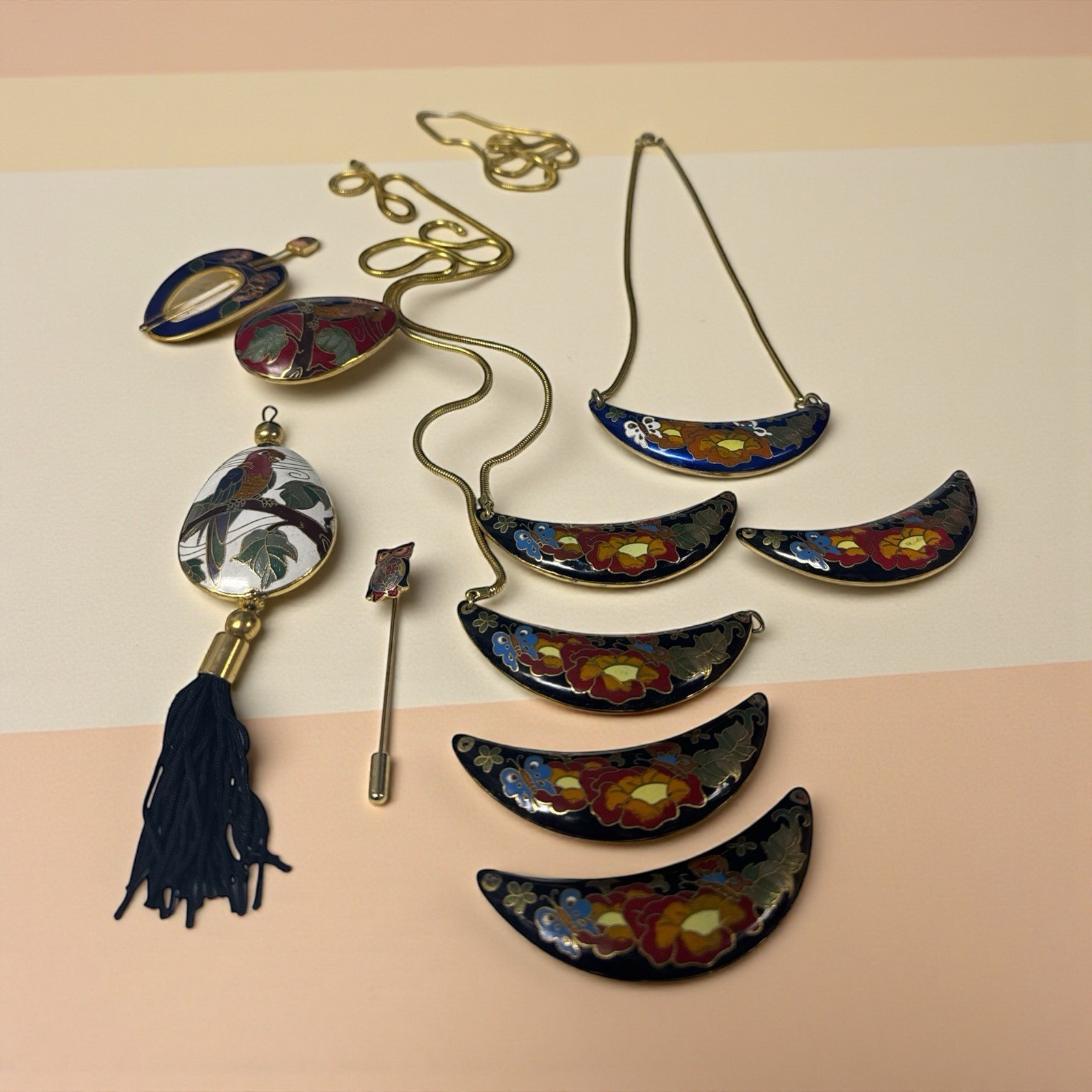 Lot Vintage Cloisonne Round Pendant Gold Cord Necklace Bib Pennant Hair Pin +