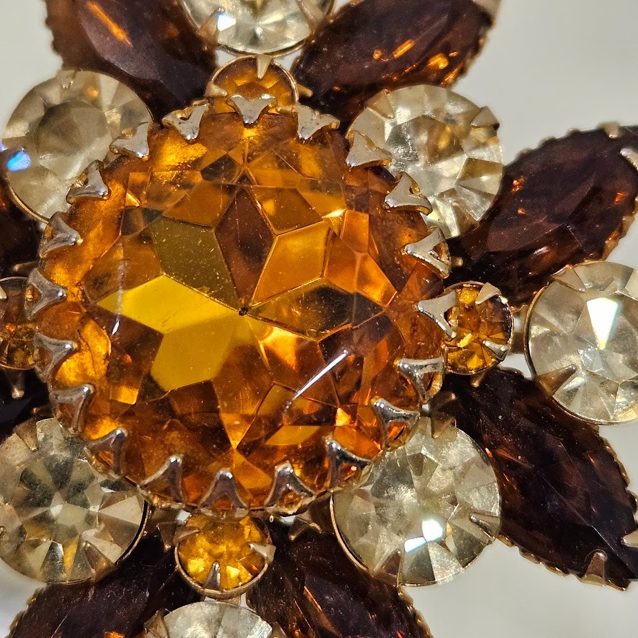 Judy Lee Vintage Golden Brown Yellow Stones Layered Flower Gold Tone Brooch Pin