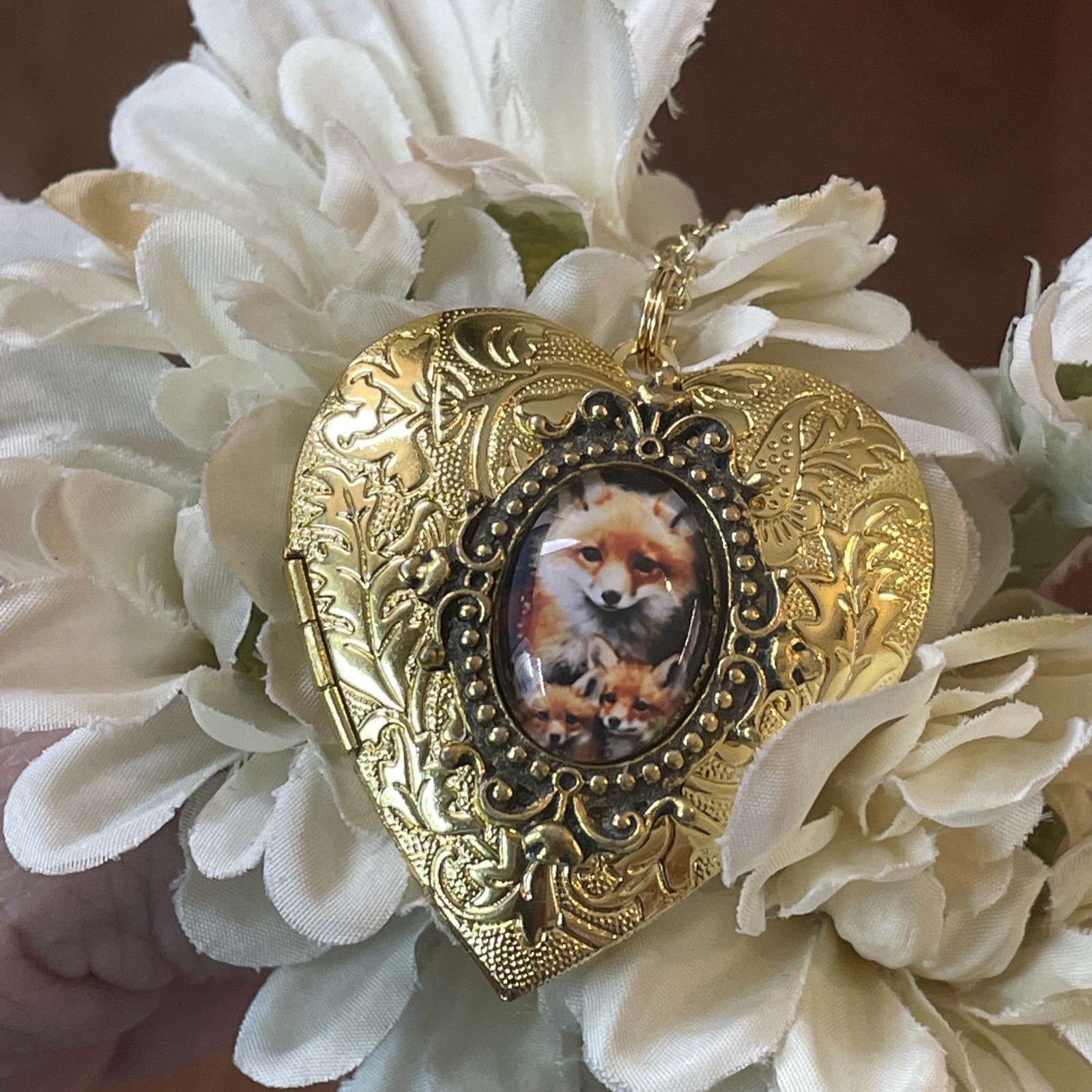 Gold Heart Locket Photo Kit Birthday Anniversary Wedding Fox Mom Baby Necklace