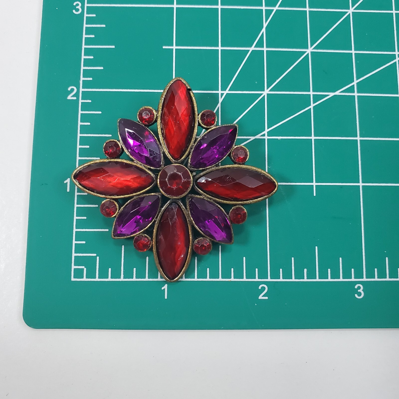 Vintage Brass Tone Red Purple Rhinestones Starburst Star Shape Pin Brooch