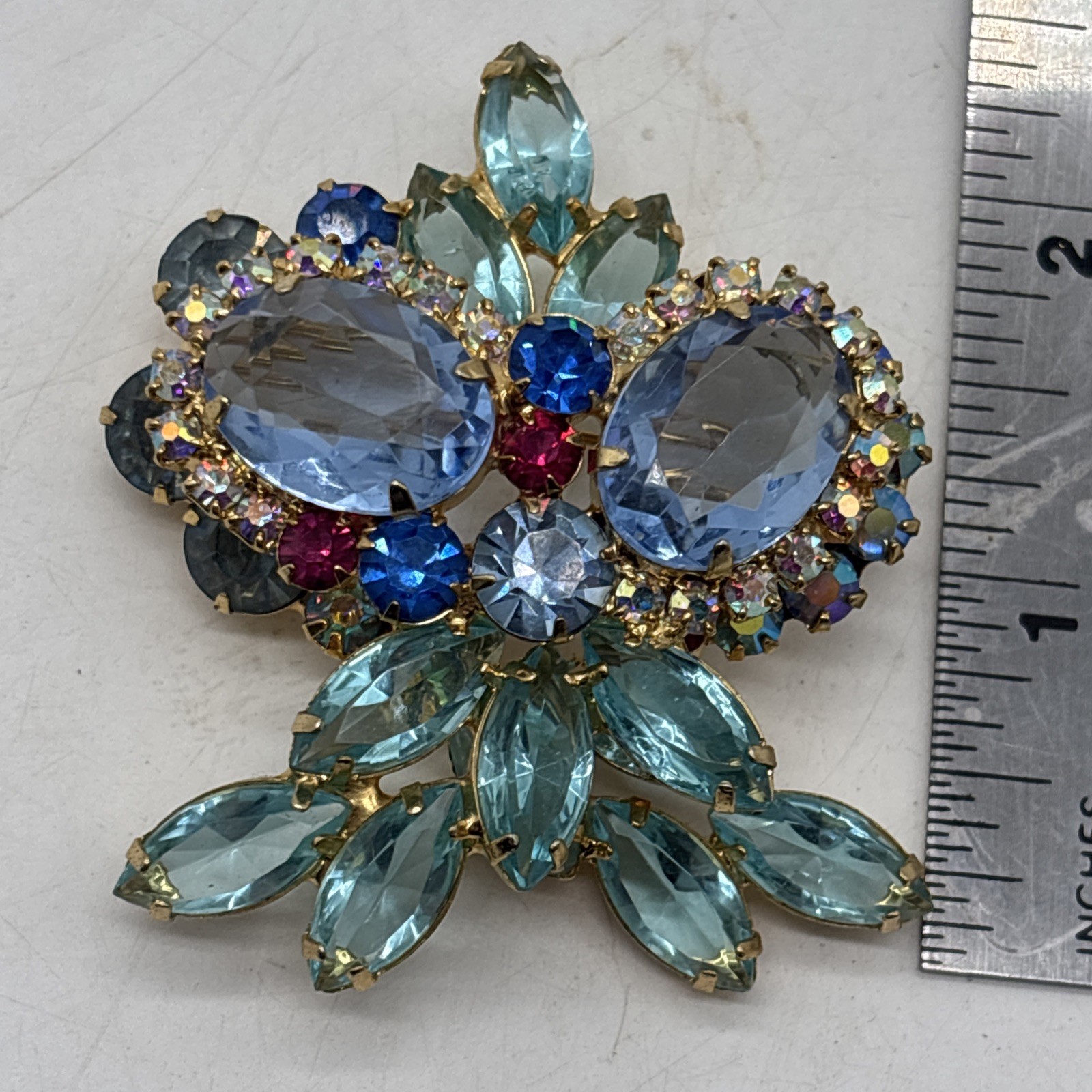 Juliana D&E Brooch/Pin OWL Aquamarine & Turquoise Rhinestone 2×2” Beautiful