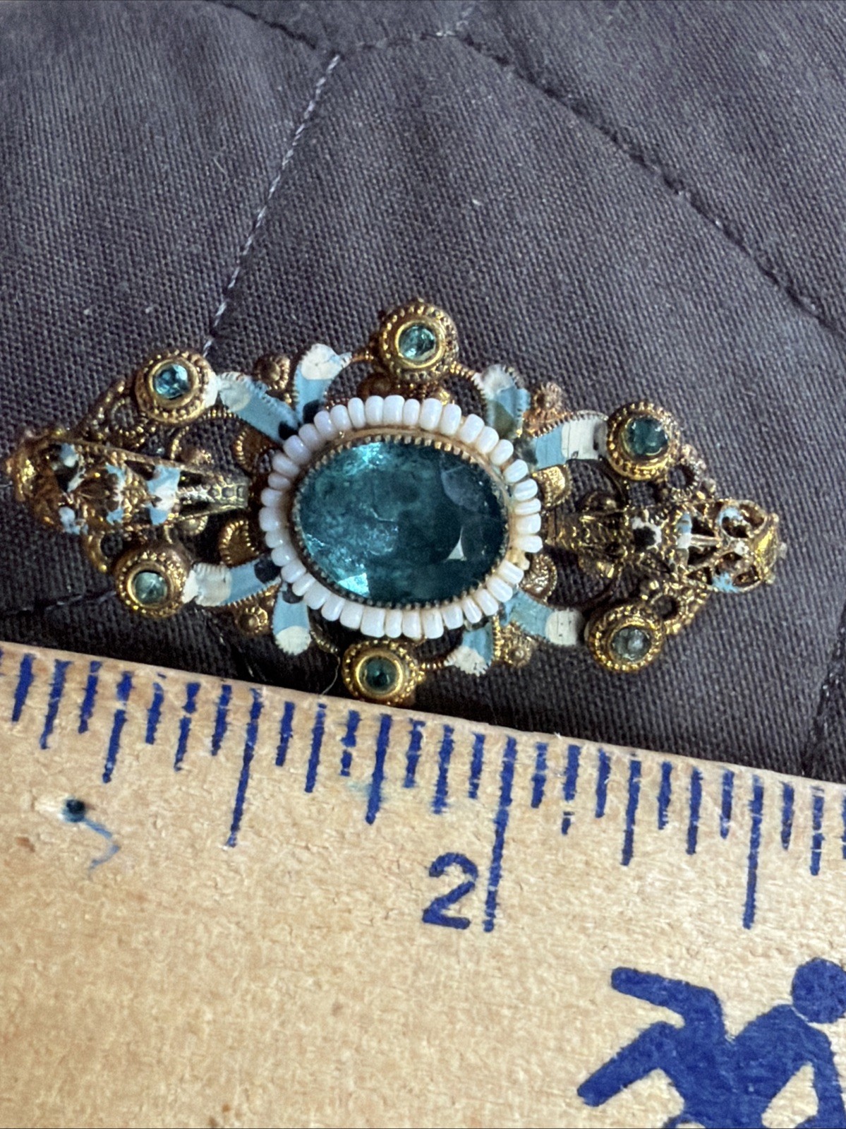Antique Signed Czechoslov White Beads Enamel Brooch Blue Glass Stone Pin